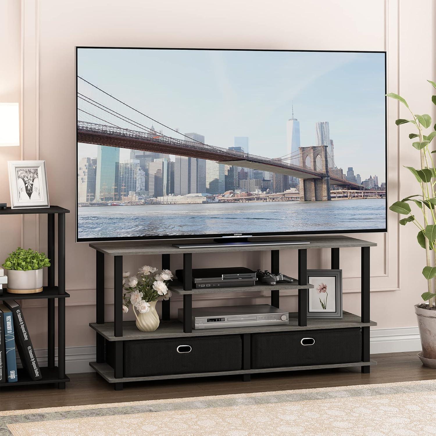 Furinno JAYA Large TV Stand for up to 55-Inch TV with Storage Bin, French Oak Grey/Black