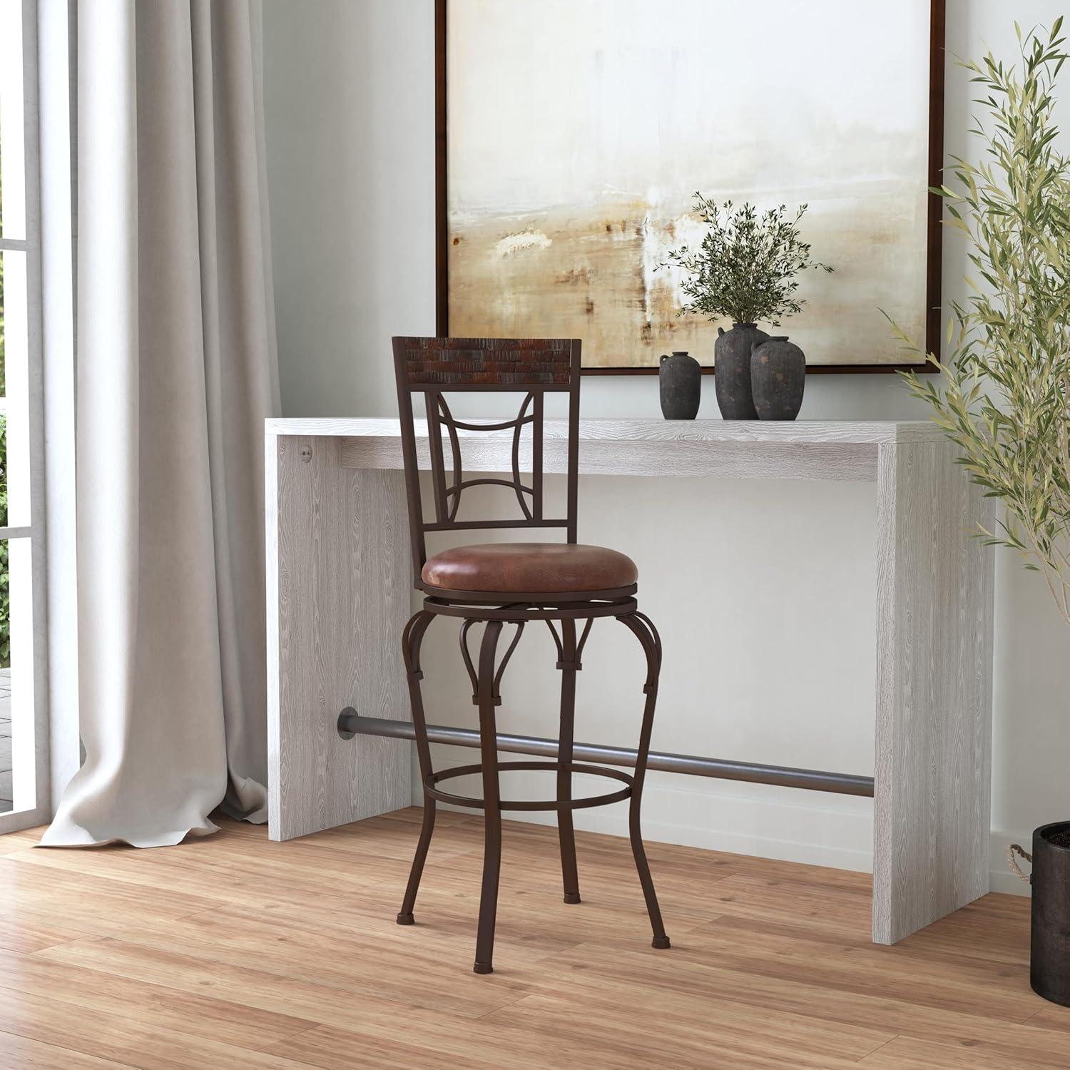 Traditional Dark Chestnut Swivel Bar Stool with Antique Brown Leather