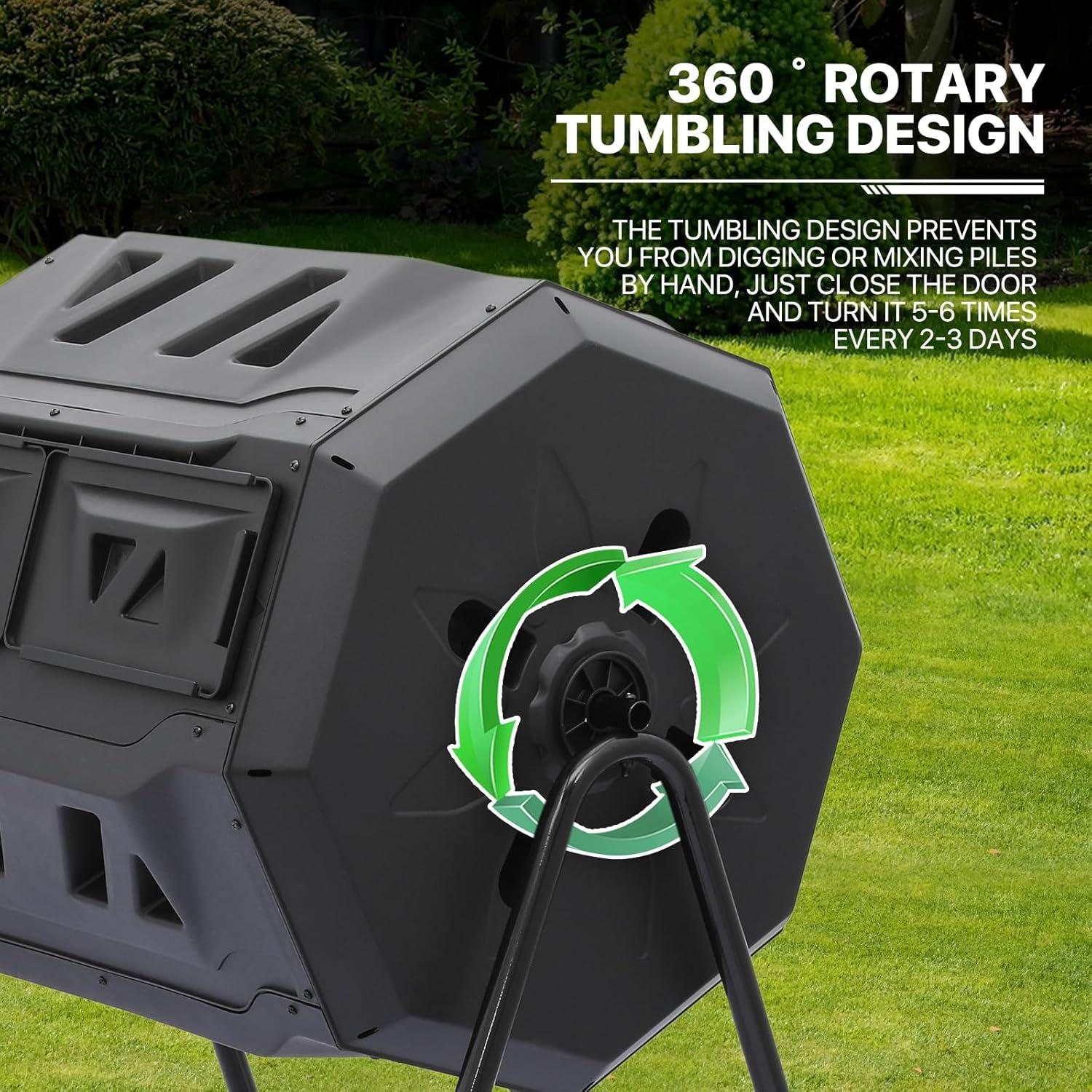 43 Gallon Dual Chamber Compost Tumbler, Tumbling Rotating Composter, with 2 Sliding Doors and Gloves