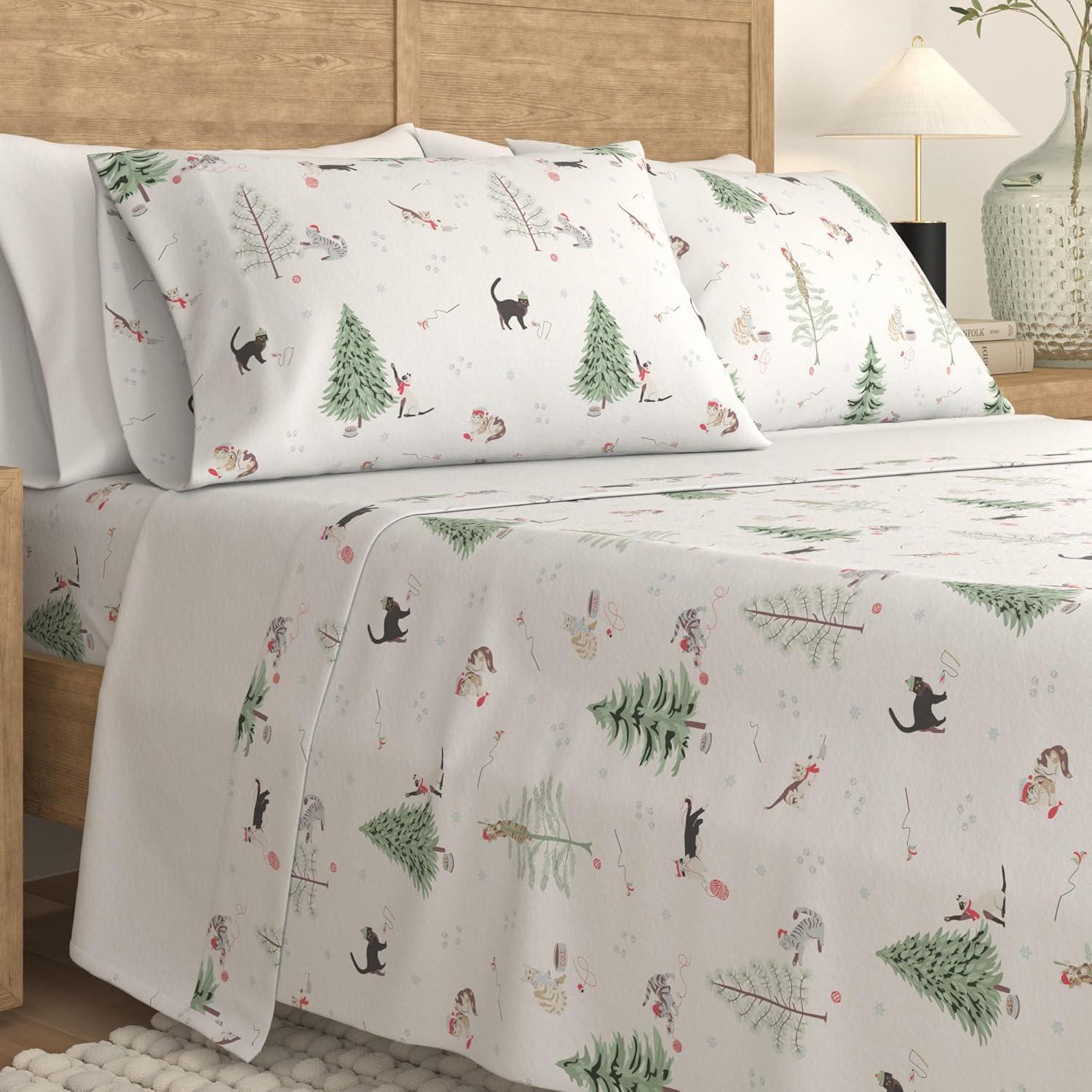 Great Bay Home Winter Flannel Sheet Set - 100% Turkish Cotton - Double Brushed - Twin, Winter Cats