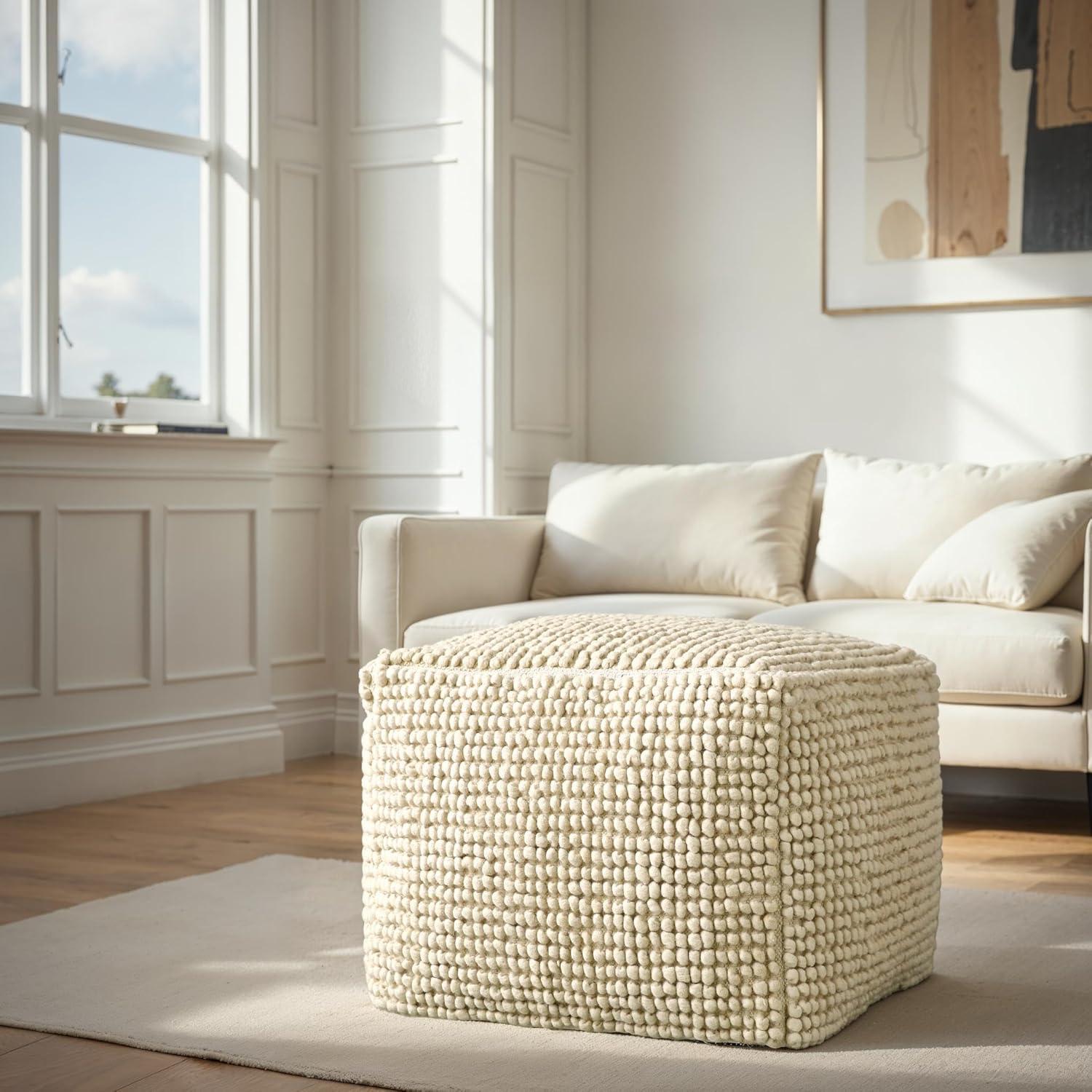 Storied Home New Zealand Square Pouf Gray: Upholstered Ottoman, Wool & Cotton Blend, No Assembly Required