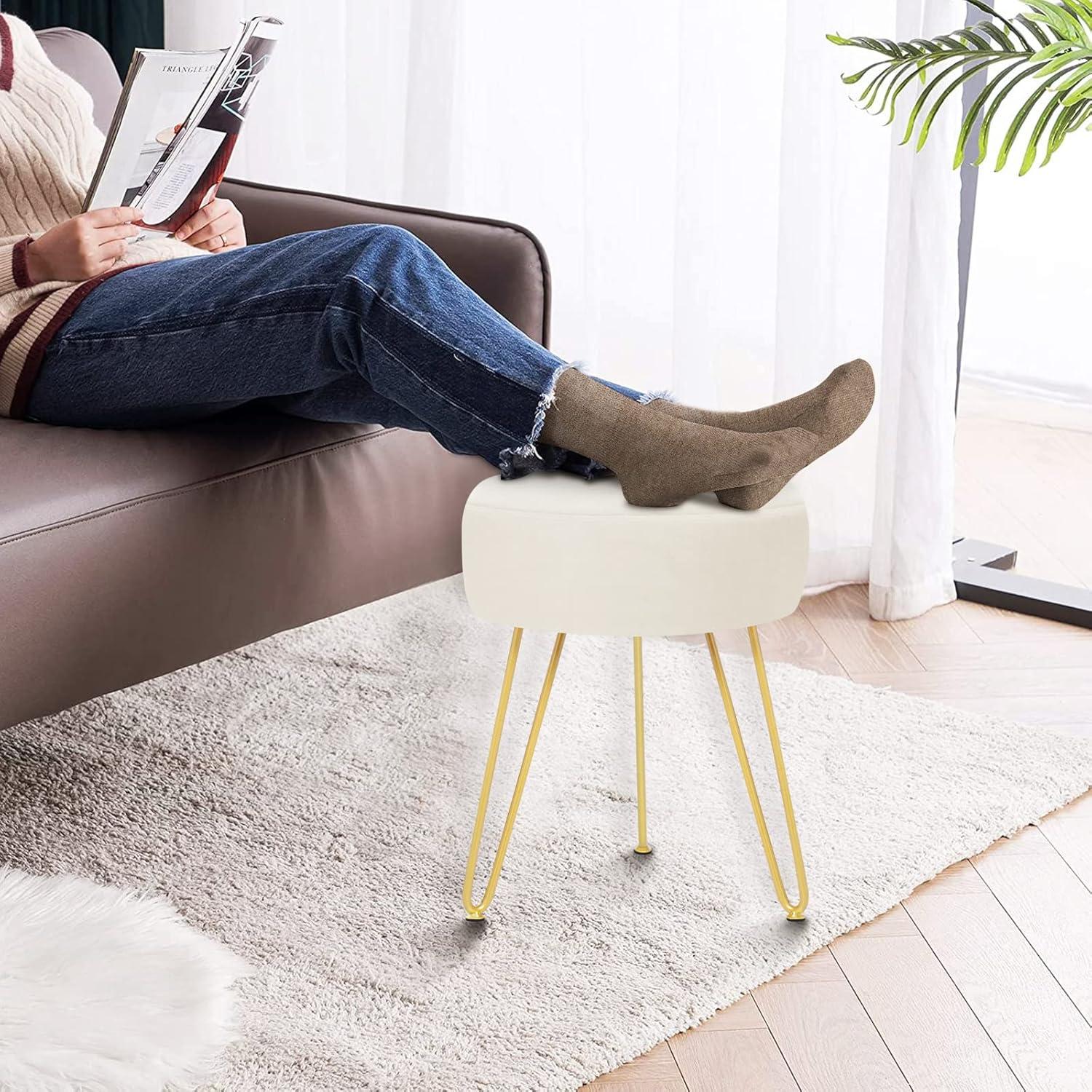 GERANT Multifunctional Vanity Stools - Velvet Round Ottoman Modern Dressing Stool -Upholstered Footrest Stool - Side Table Footstool with Golden Metal Leg for Living Room, Bedroom(Beige)