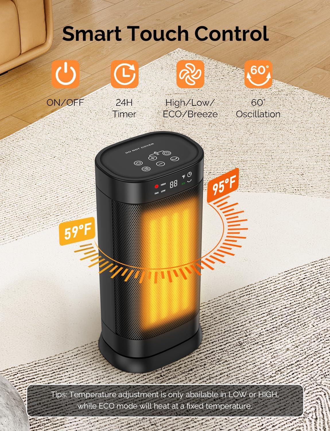 Black Ceramic Electric Tower Heater with Thermostat and Oscillation