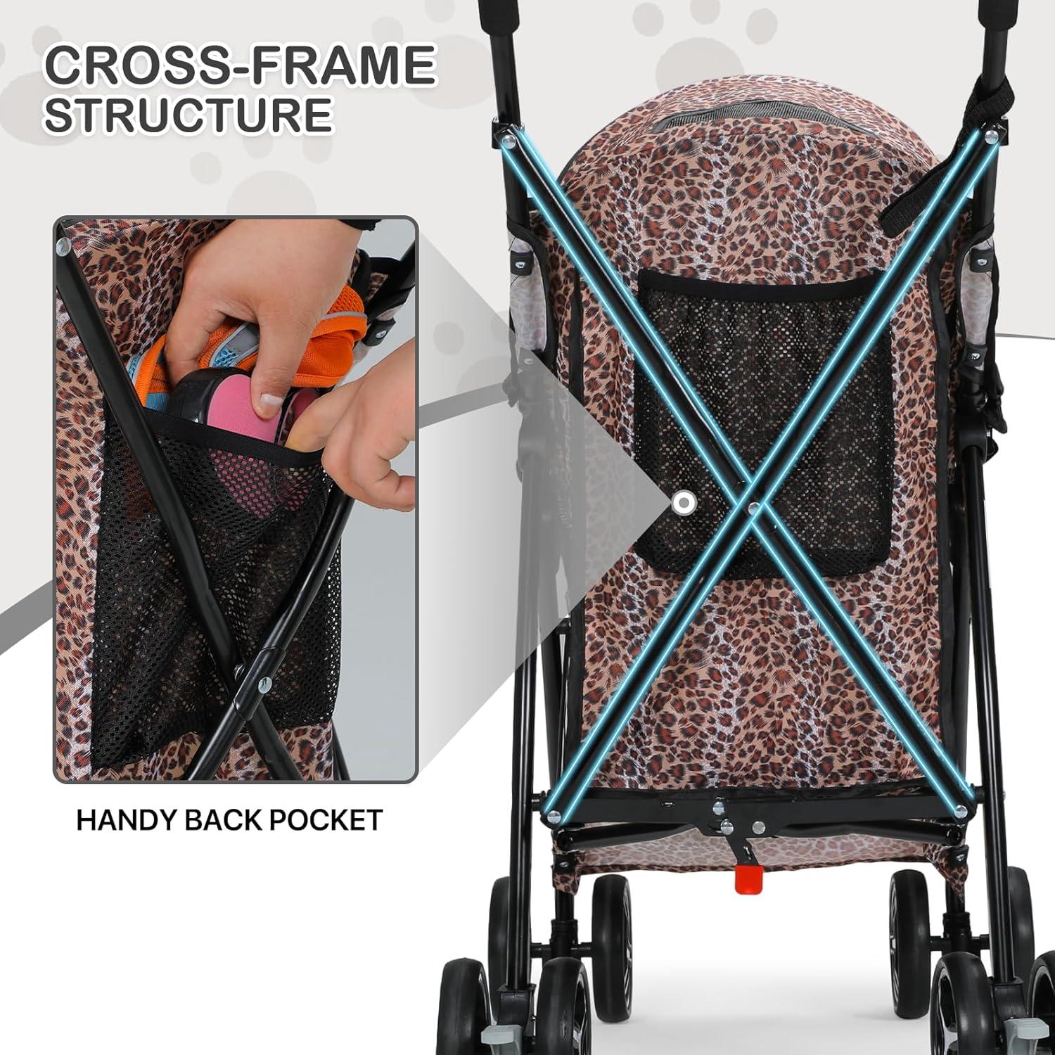 Leopard Print Steel Frame Dog Stroller with Mesh Windows