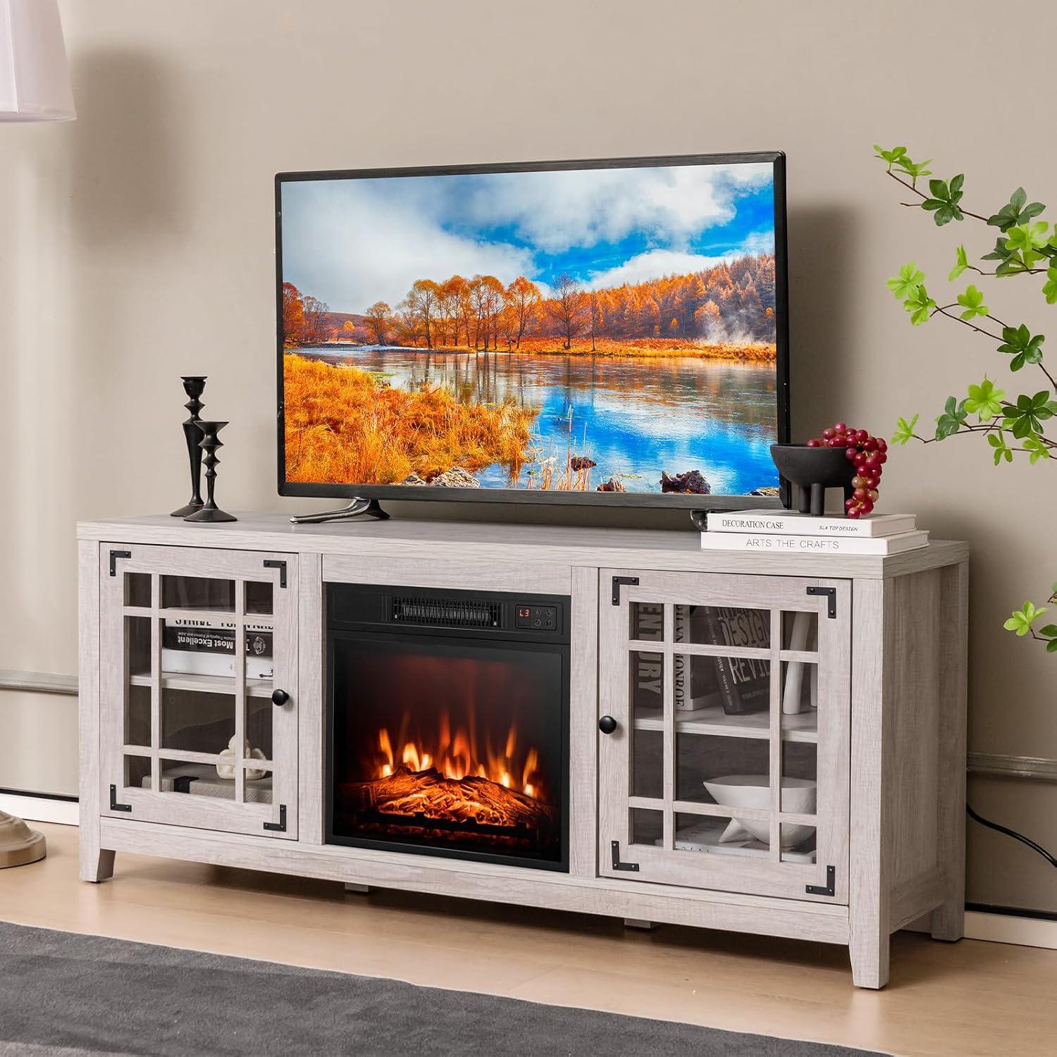 Costway 58 Inches Fireplace TV Stand for TVs up to 65 Inches with 1400W Electric Fireplace Black/Naturl/White