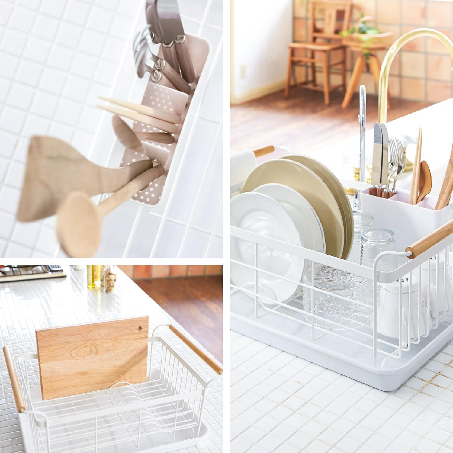 Yamazaki Tosca White Dish Rack with Wood Handles