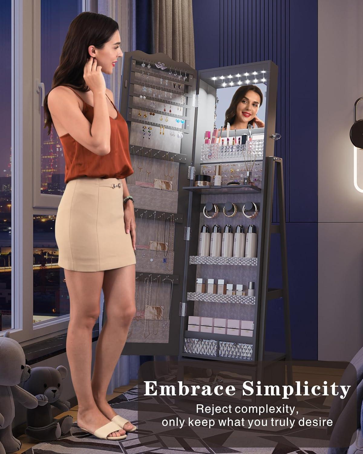 HWB 360° Rotating Jewelry Armoire with 53'' Full Length Mirror, Standing Lockable Jewelry Cabinet Organizer with Lights, Built in Makeup Mirror, Large Storage Capacity with Drawer&Shelves Grey