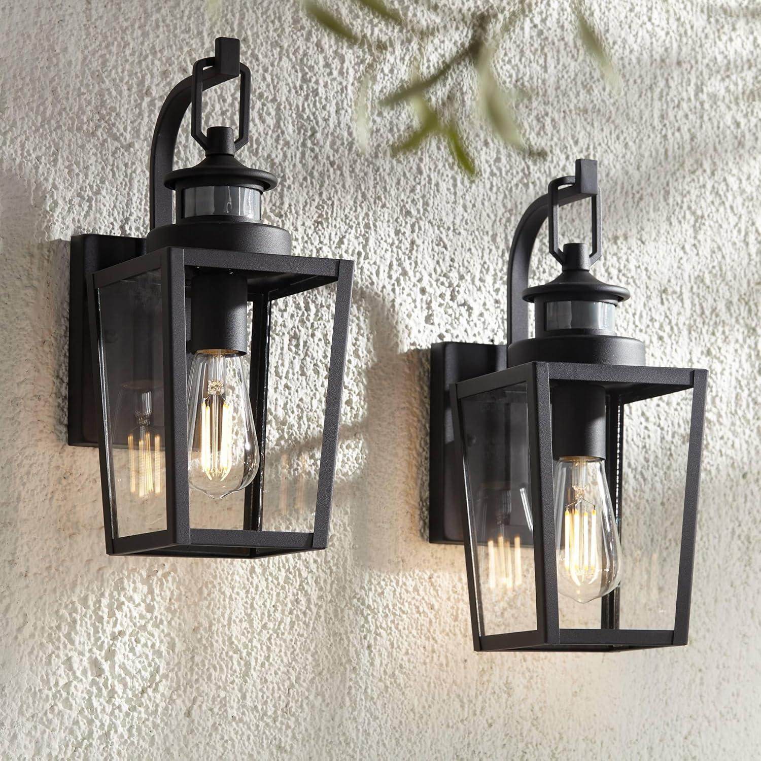 Black Steel and Glass Motion Sensor Outdoor Wall Lights Set