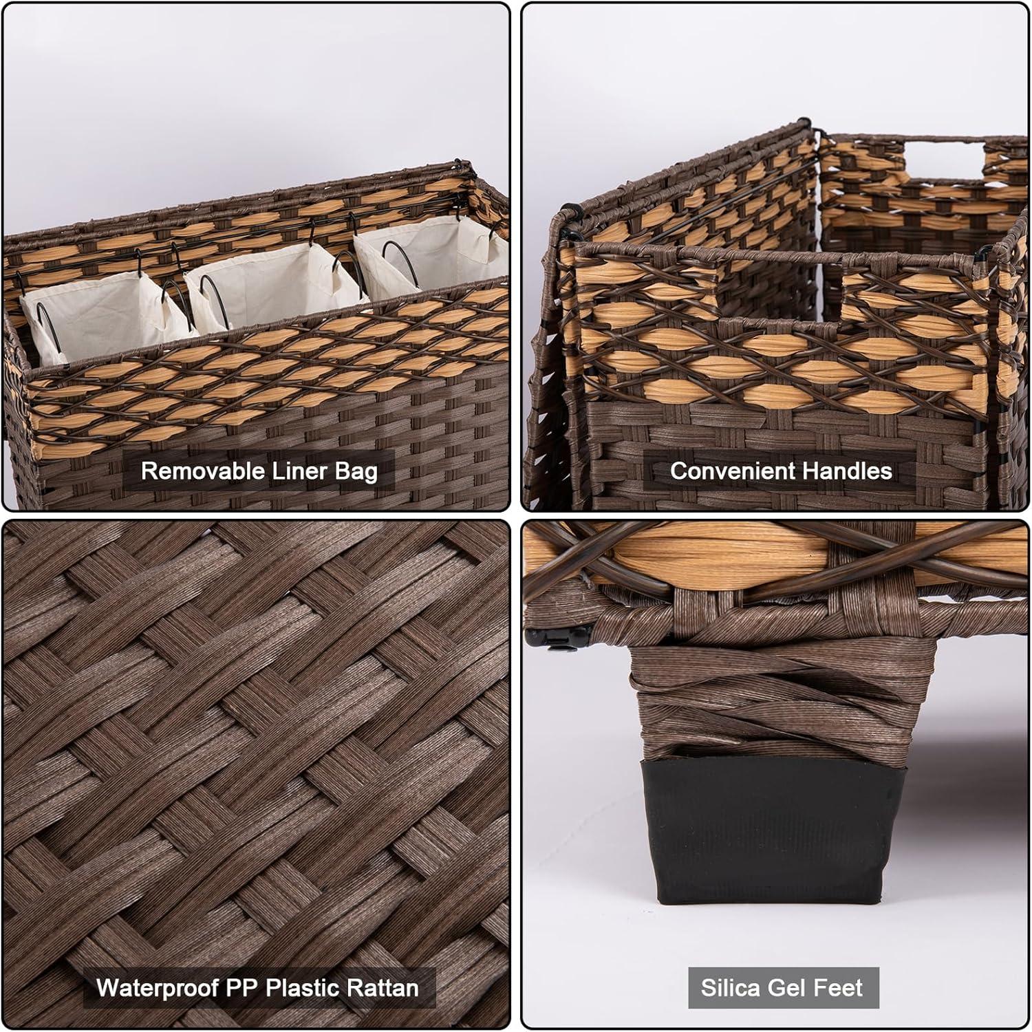 OIAHOMY Laundry Hamper with Lid, 140L Clothes Hamper with 3 Removable Liner Bags, Foldable Basket with Lid, Synthetic Wicker Laundry Basket for Bedroom, 27x 13 x 26 Inches, Brown