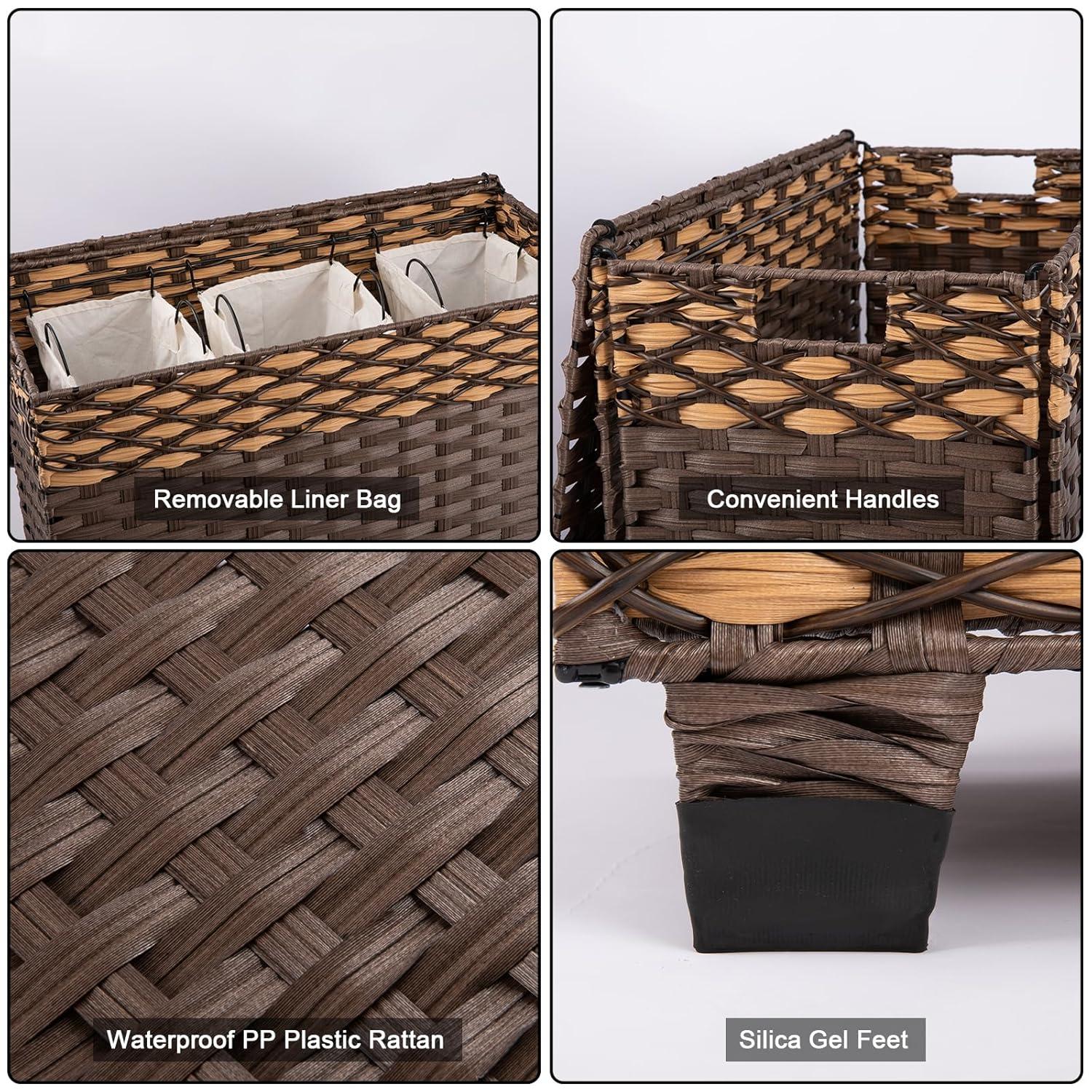 OIAHOMY Laundry Hamper with Lid, 140L Clothes Hamper with 3 Removable Liner Bags, Foldable Basket with Lid, Synthetic Wicker Laundry Basket for Bedroom, 27x 13 x 26 Inches, Brown