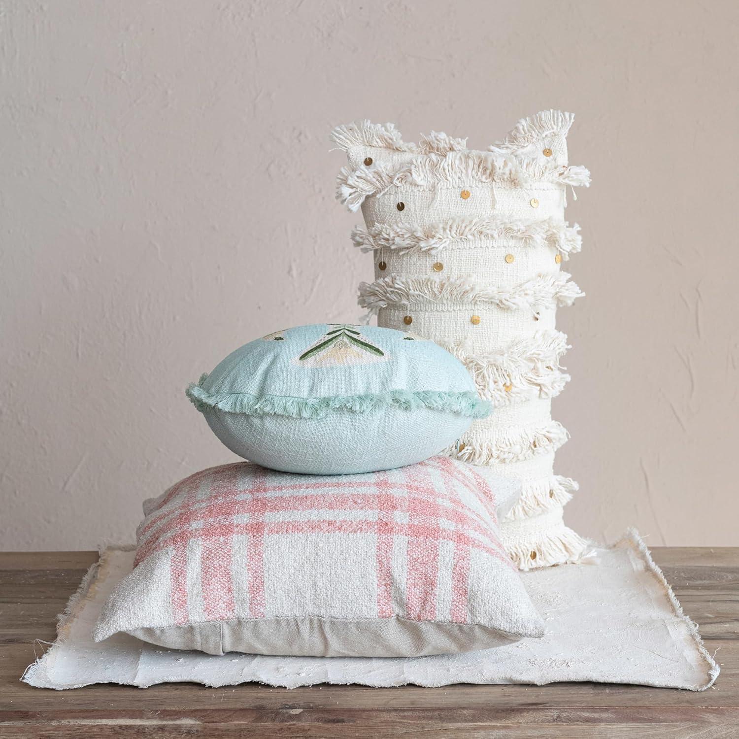 Round Cotton Printed Pillow With Embroidered Dove And Fringe