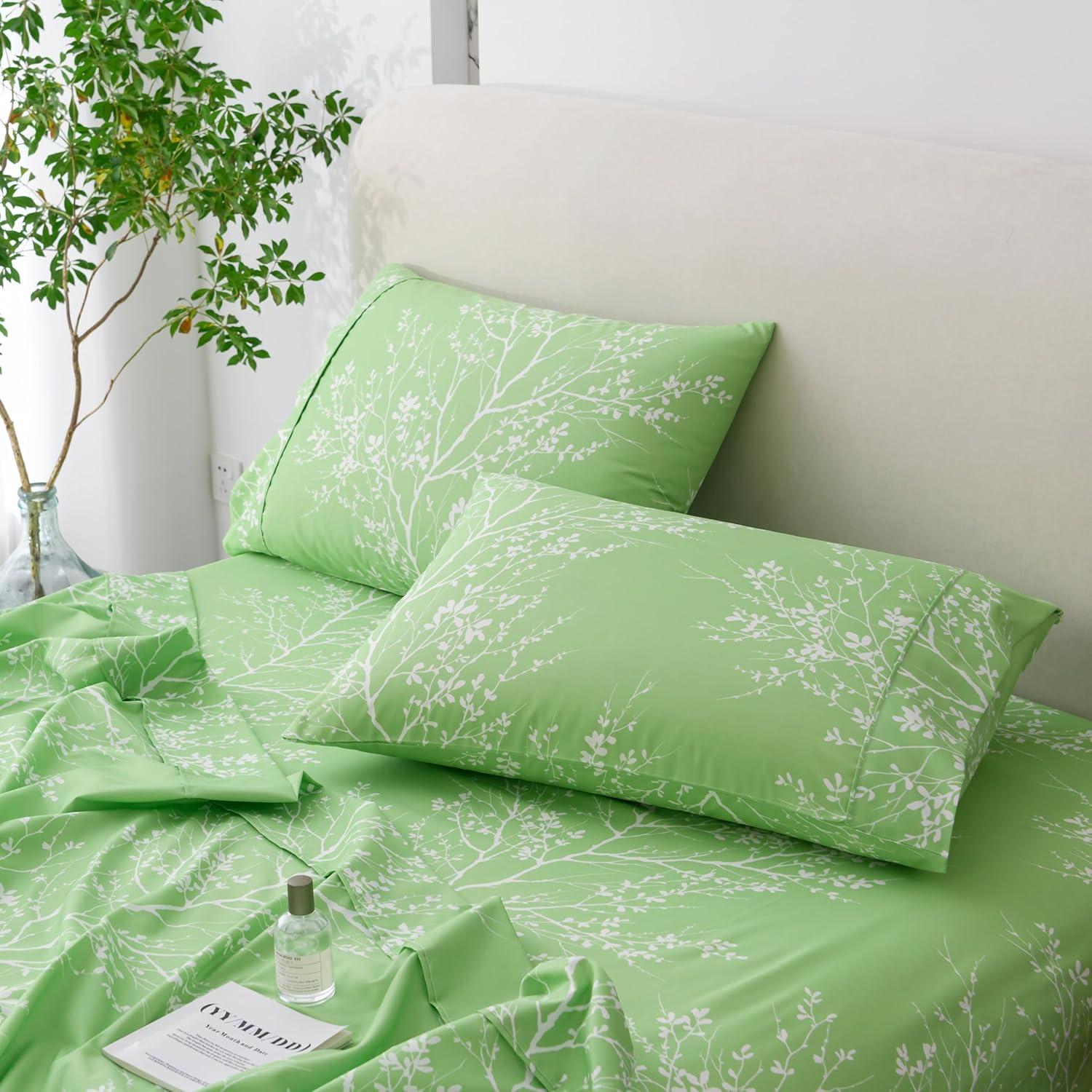 Spirit Linen Home Est. 1988 Twin Microfiber Foliage Sage/White Sheet Set