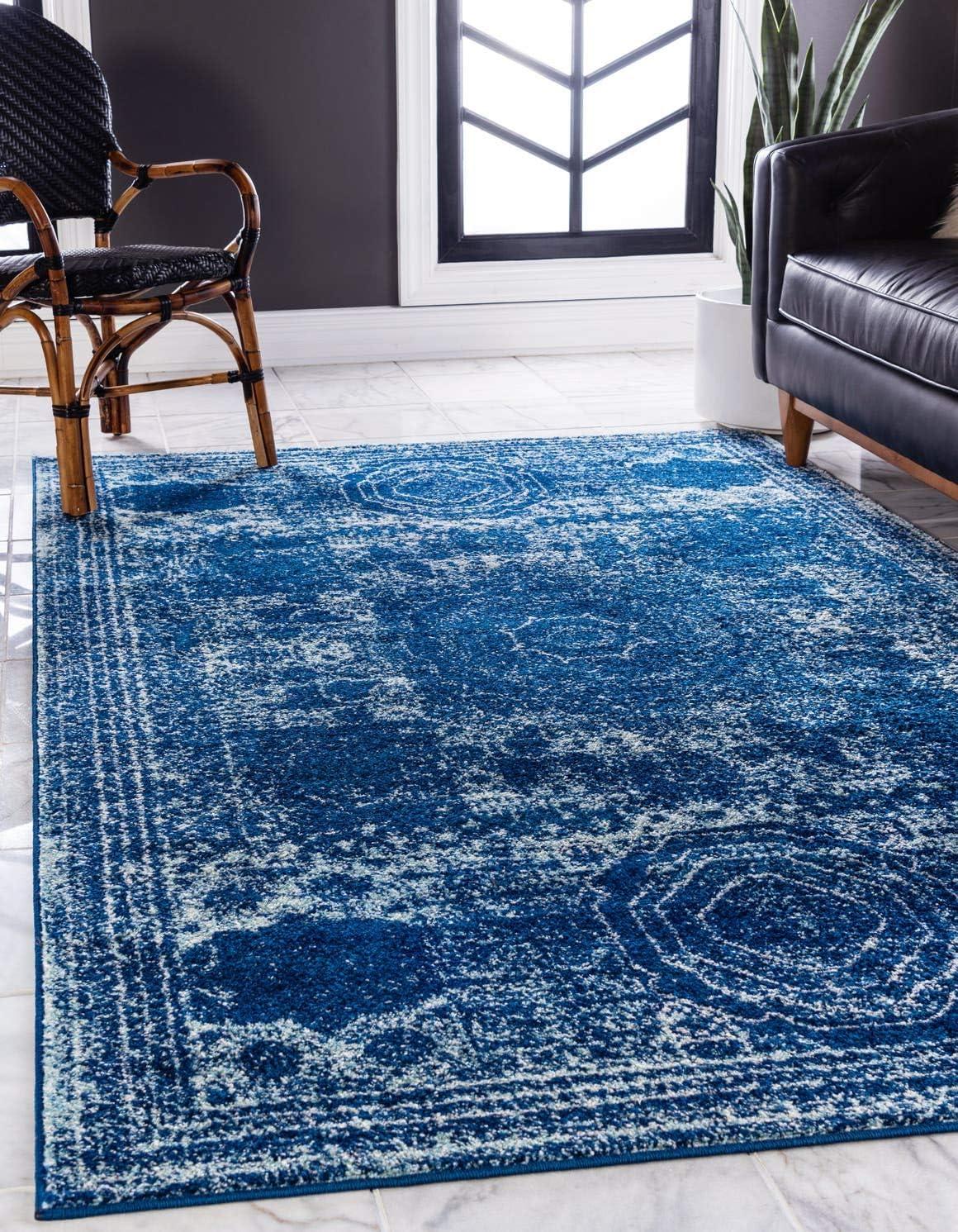 Unique Loom Bromley Collection Area Rug - Wells (7' 1" x 10' Rectangle, Navy Blue/ Ivory)