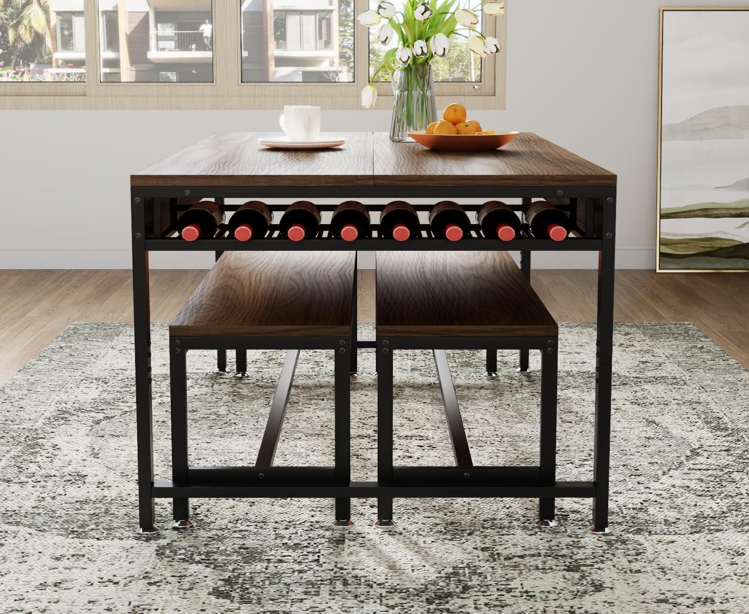 17 Stories Zubie 63"Dining Table Set for 4-6, 3-Piece Kitchen Table with 2 Utensil Drawers,2 Benches&Wine Rack