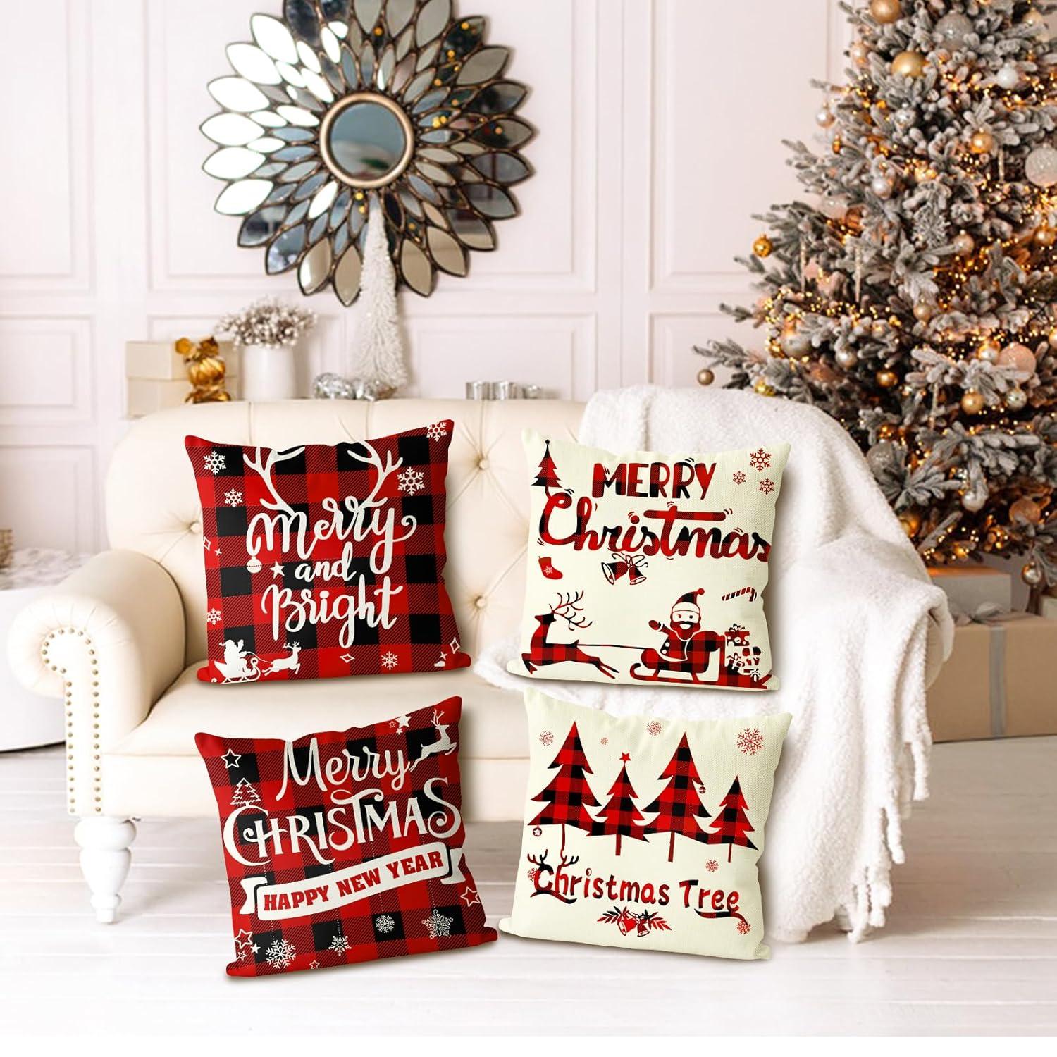Christmas Pillow Covers 18x18 Set of 4 - Red Black Buffalo Check Plaid Decor - Indoor Outdoor Xmas Throw Pillow Cases for Sofa Couch