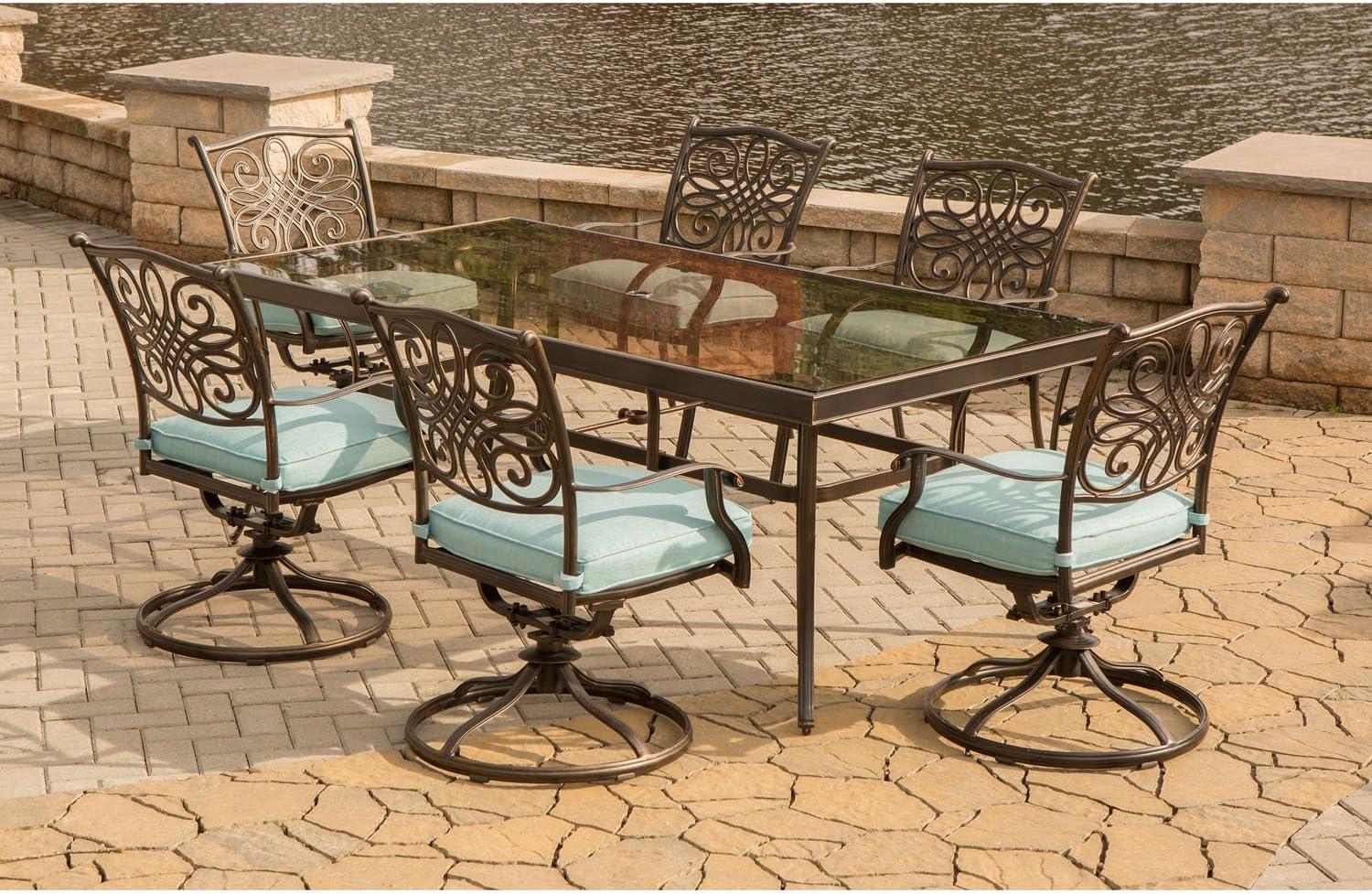 Hanover Traditions 7-Piece Dining Set in Blue with Extra Large Glass-Top Dining Table