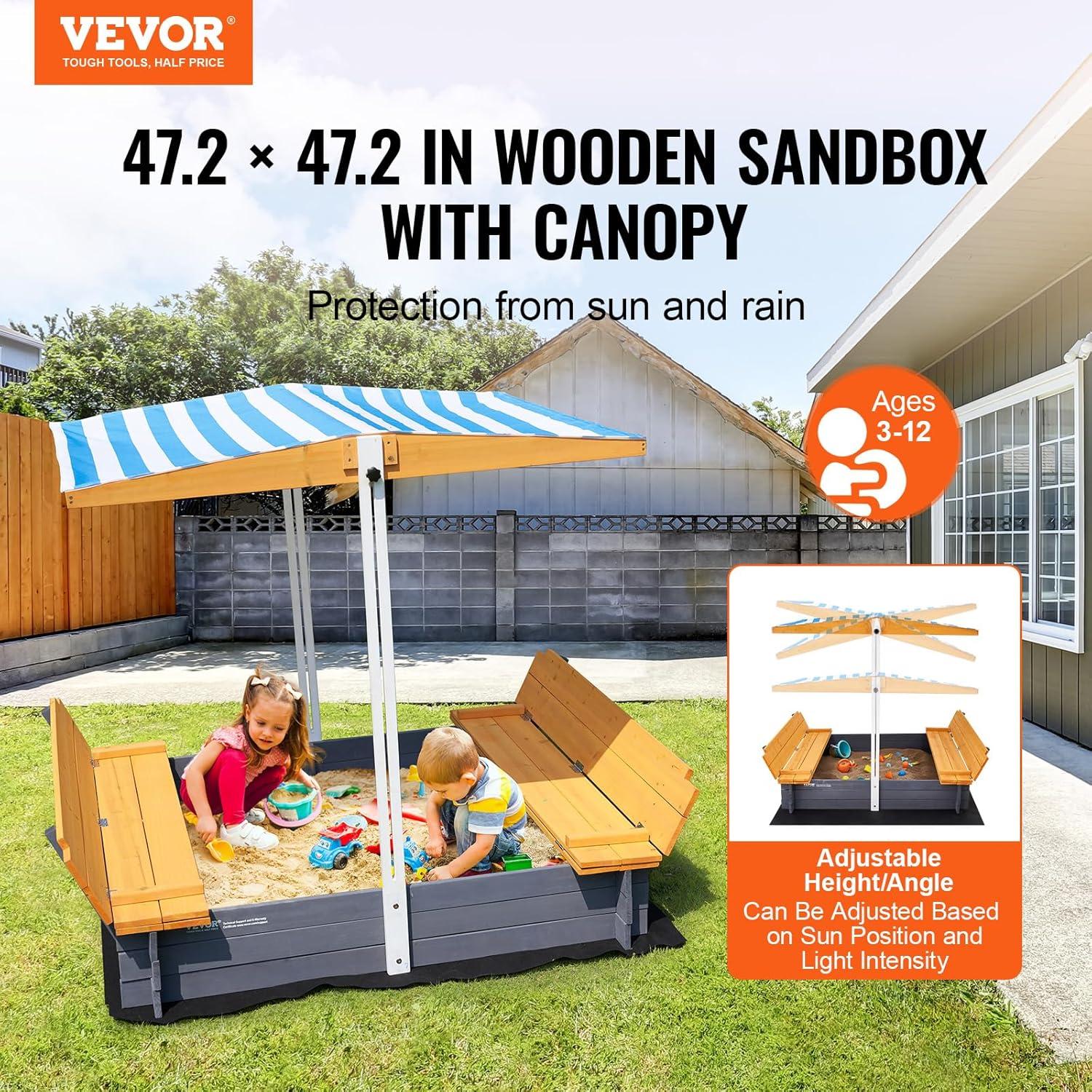 VEVOR Wooden Sandbox with Canopy, Sandpit with Foldable Bench Seats and Bottom Liner, Height Adjustable Roof, Gift for Ages 3-12 Years Old Backyard Garden Easy Assembly (57.3 x 47.2 x 47.2in)