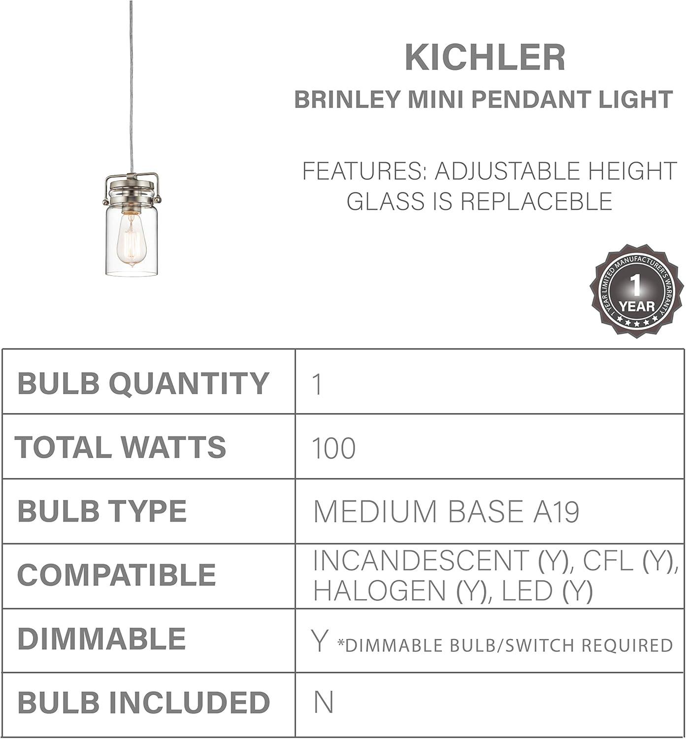 Brinley 7.75" 1 Light Mini Pendant with Clear Glass Brushed Nickel