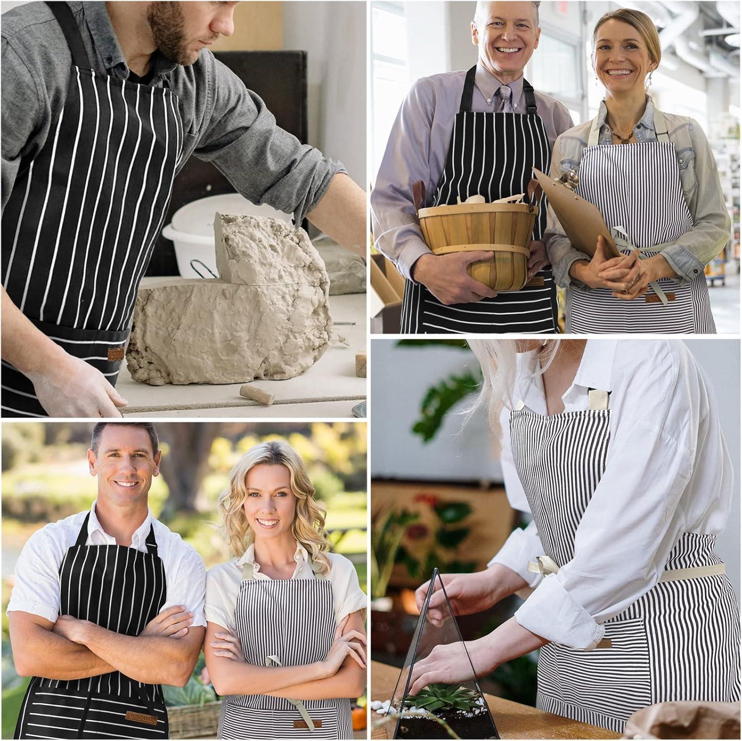 NLUS 2 Pack Cooking Aprons for Women Men with 2 Pockets, 29.5" x 26.8" (Black/Brown Stripes)