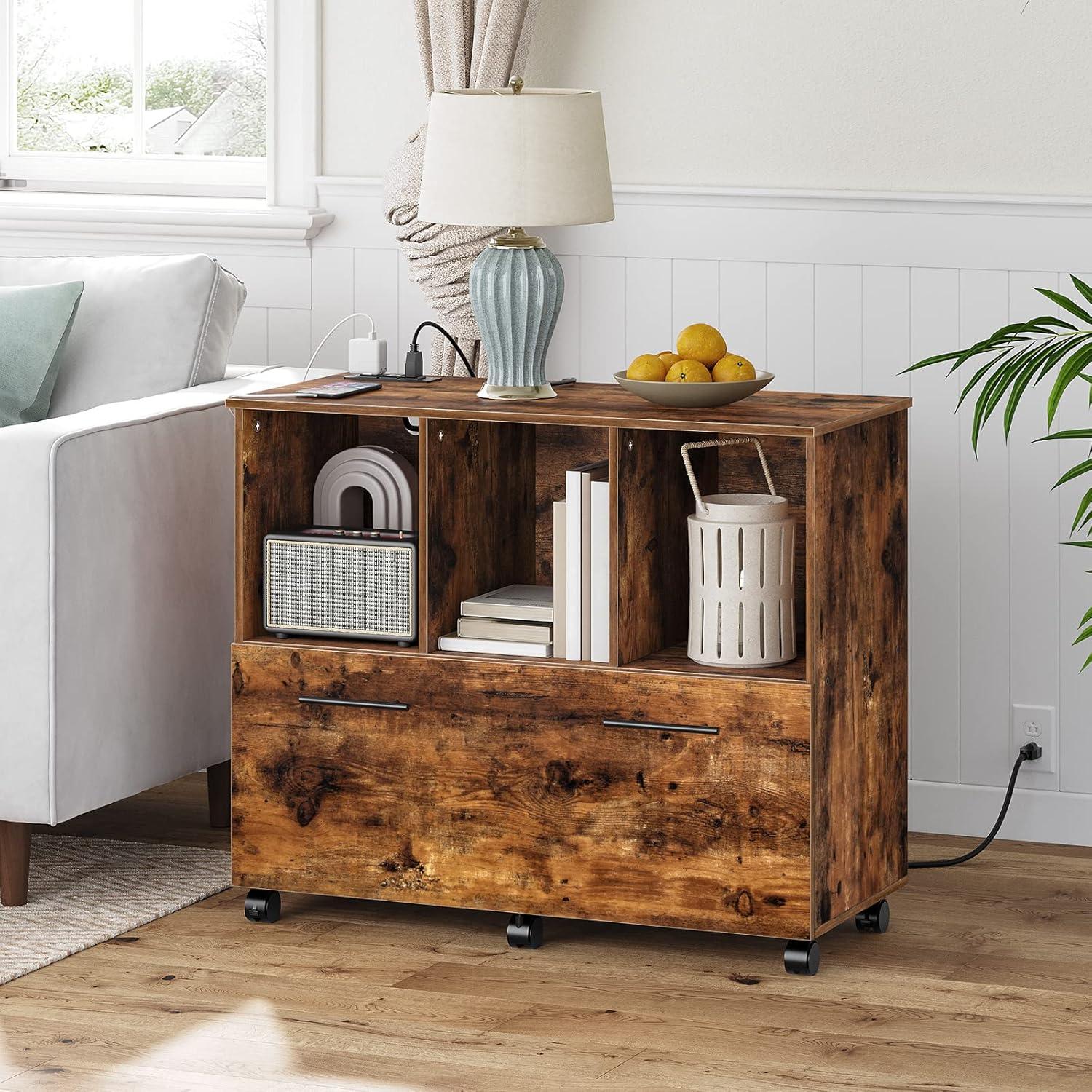 Rustic Brown Mobile Wooden File Cabinet with Charging Station