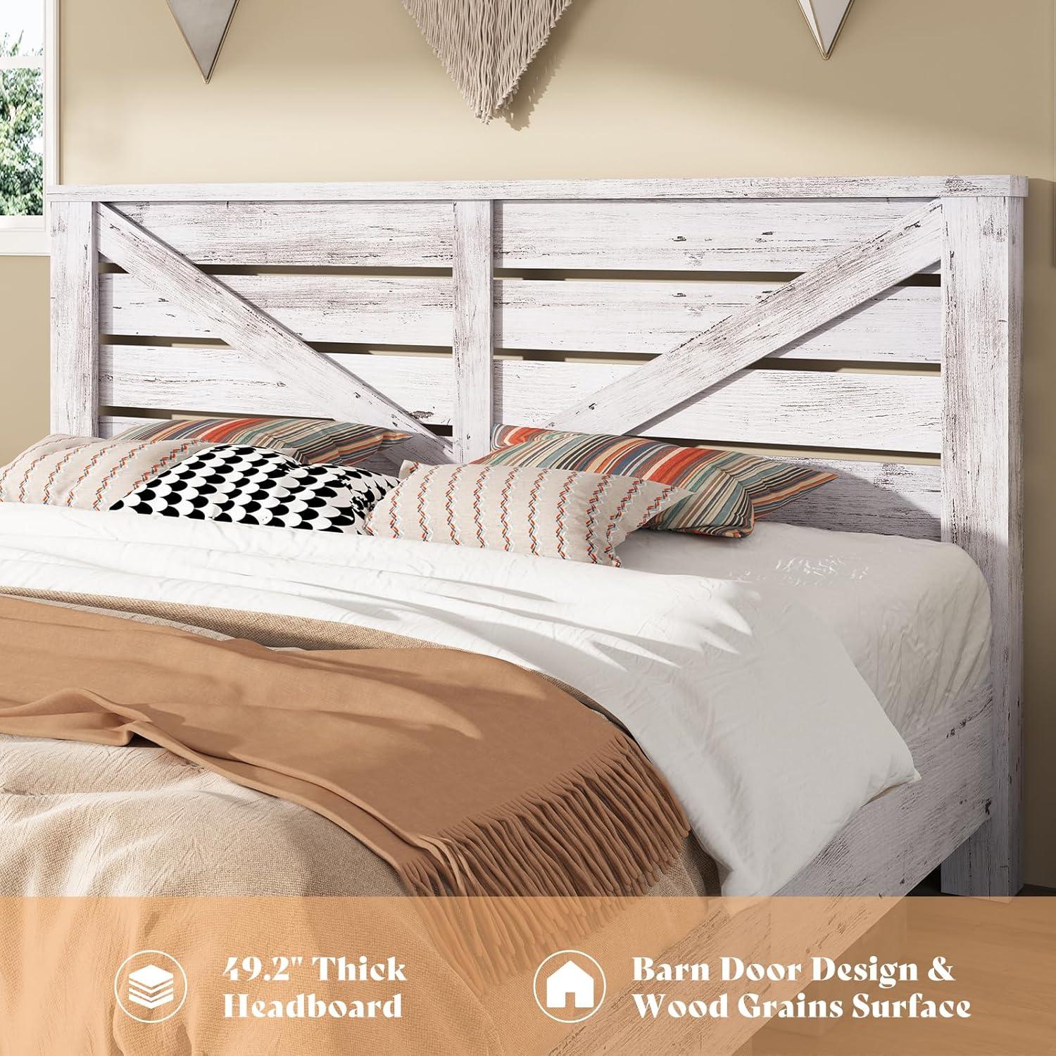 Distressed White Queen Size Wooden Farmhouse Bed Frame with Barn Door Headboard