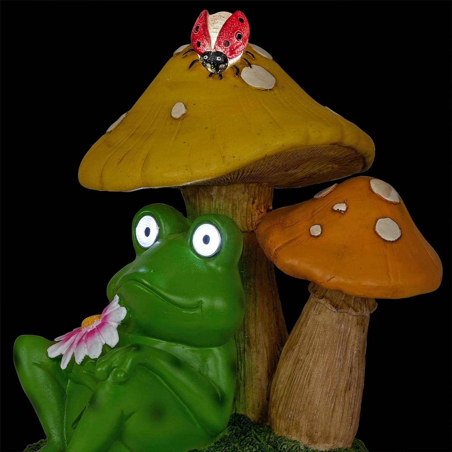 Alpine Corporation Frog Mushroom Statue With Solar: Whimsical Garden Decor, Polyresin, Ambient Glow