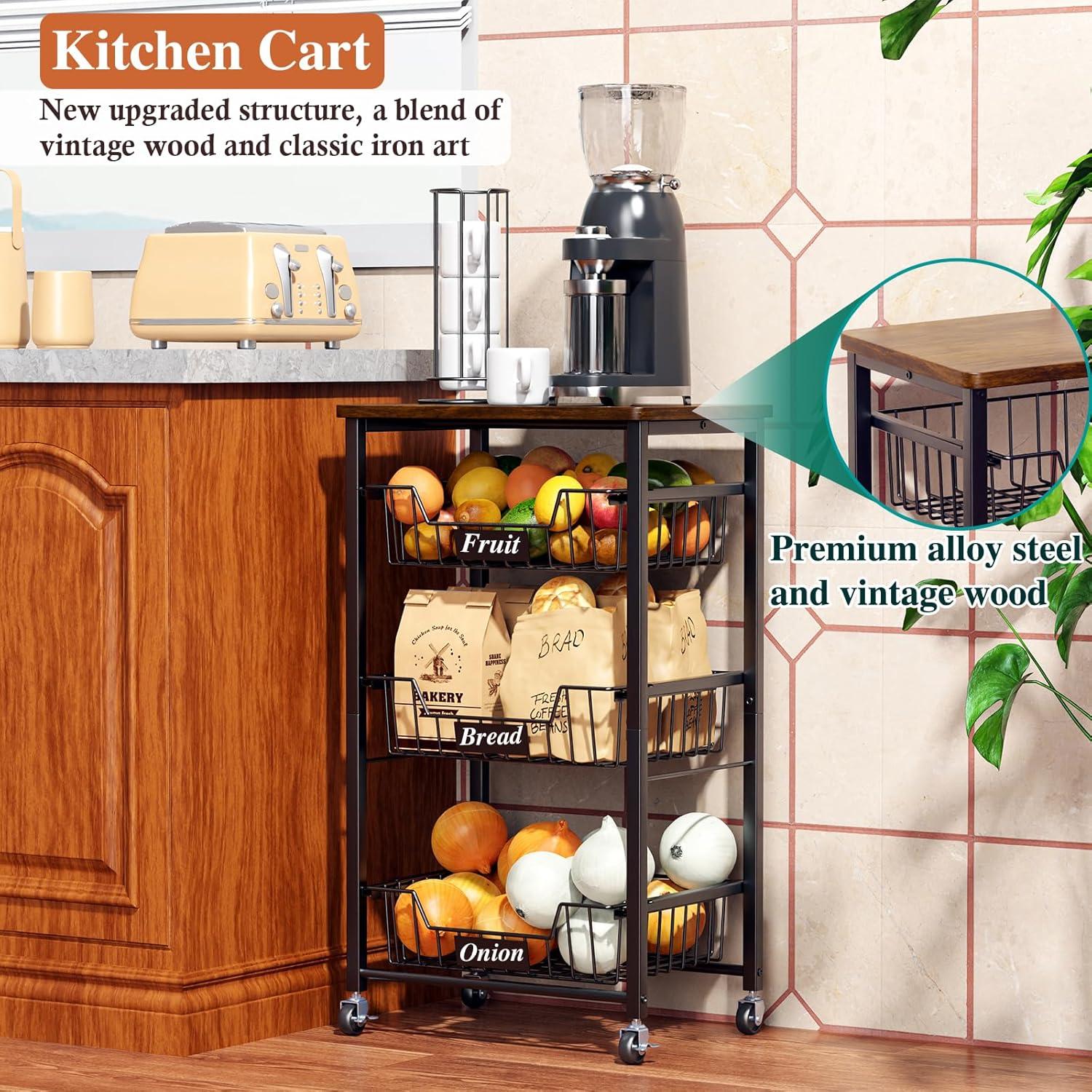 Small Kitchen Storage Cart On Wheels, Metal Fruit Basket Stand With Pull-Out Baskets & Wood Top For Potato Onion Produce Snack Veggies,(4-Tier /Black+ Rustic Board)