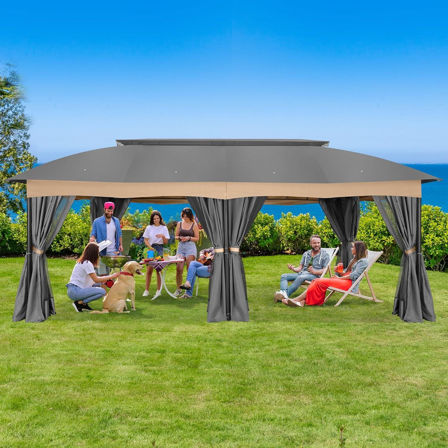 Gray 12x20 Heavy Duty Outdoor Patio Gazebo with Curtains and Netting