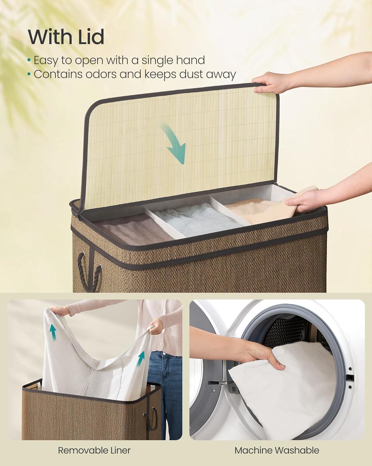100L Laundry Hamper with Lid Bamboo Laundry Basket with Liner Bag Foldable Storage Hamper with Handles Gray