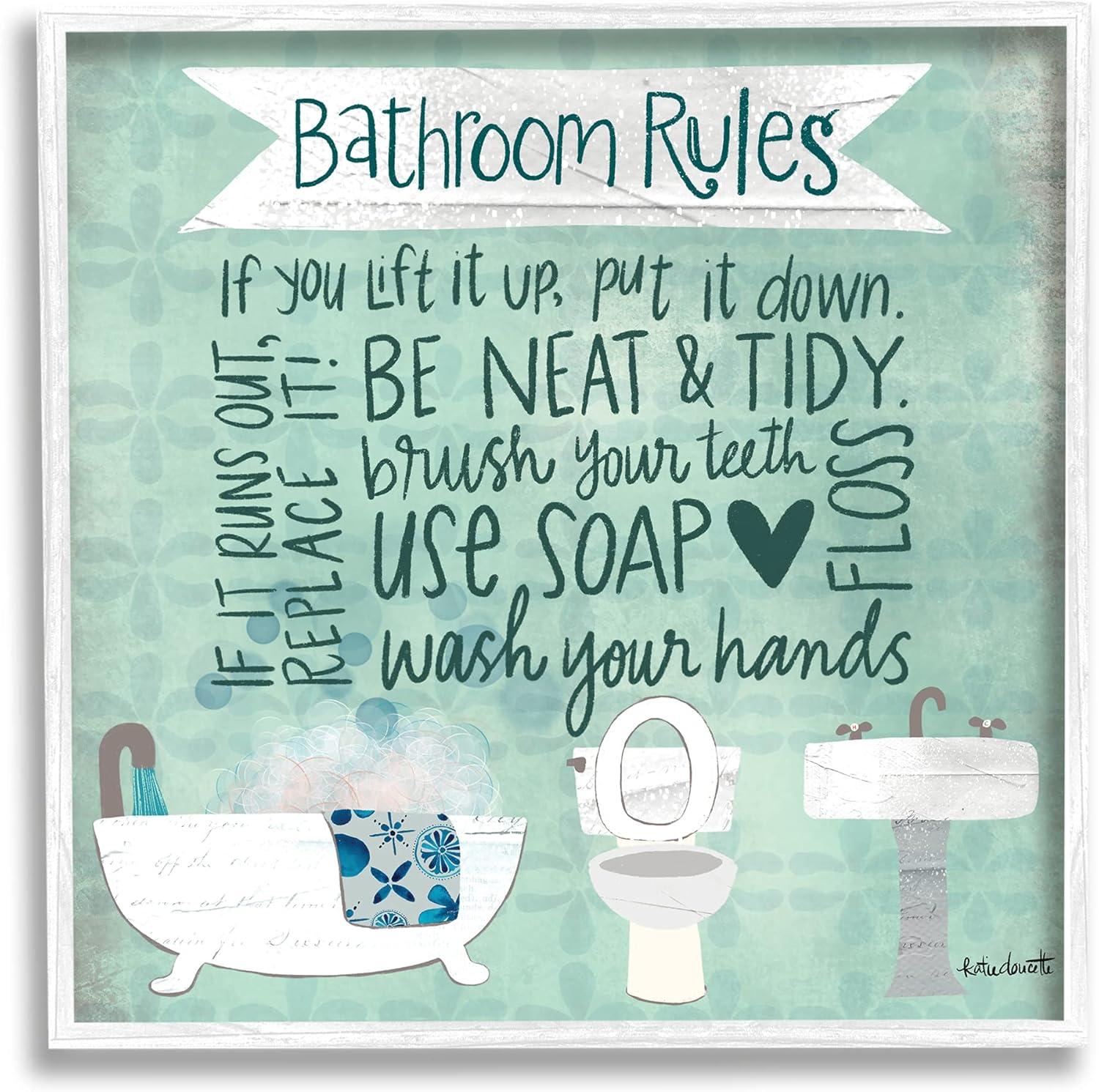 Aqua Blue Bathroom Rules Collage Look Typography Typography Framed Art Print Wall Art, 17x17