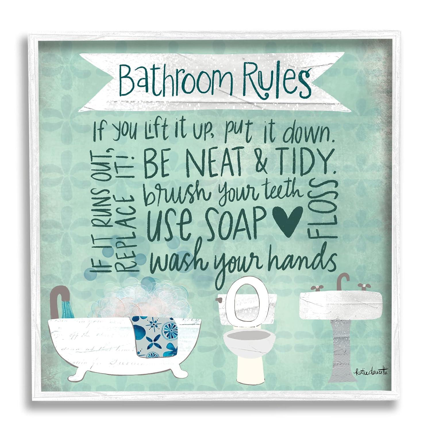 Aqua Blue Bathroom Rules Collage Look Typography Typography Framed Art Print Wall Art, 17x17