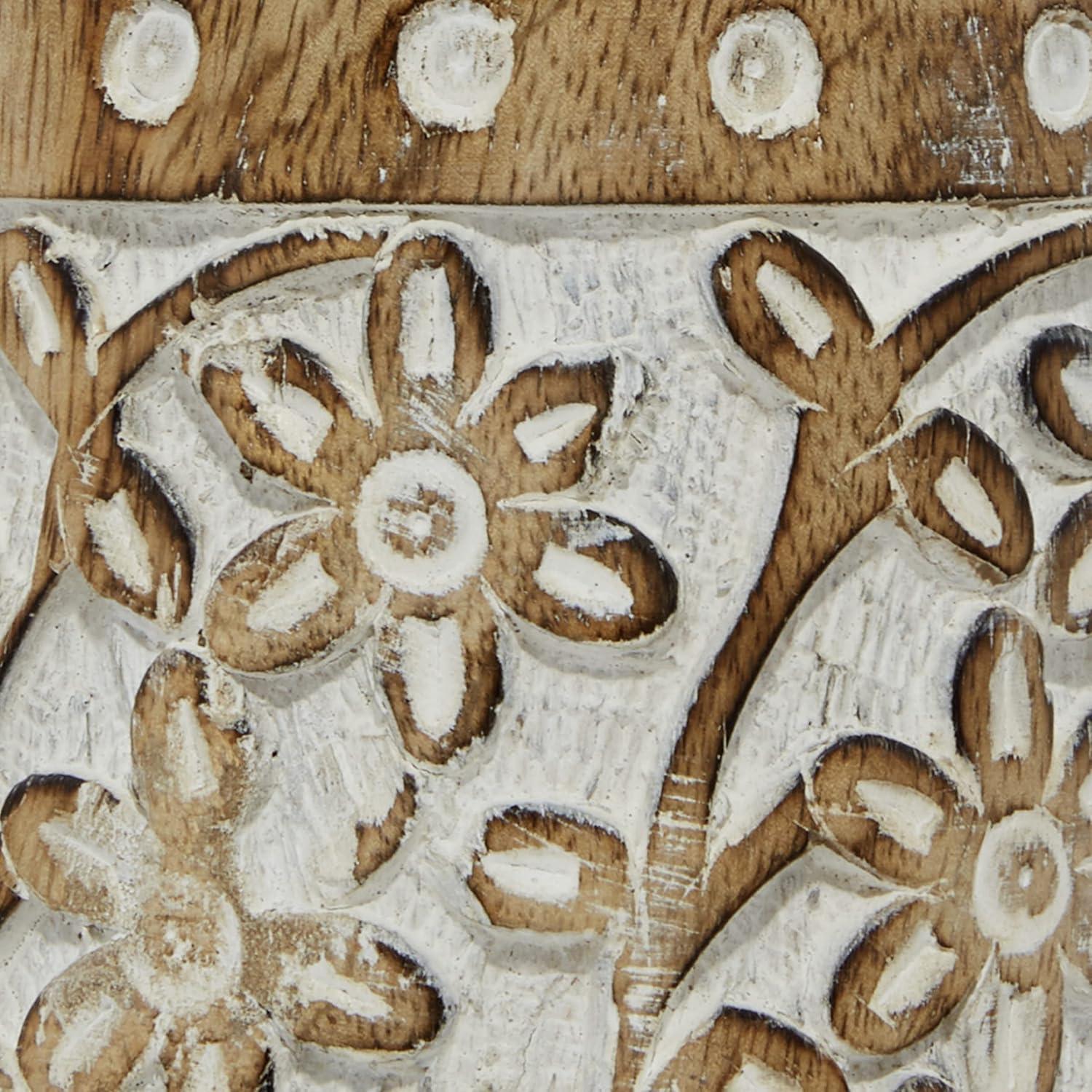 Gracie Oaks Mango Wood Floral Handmade Decorative Candle Holder Carved Pillar Candle Stand With Cream Accents, Set Of 3 Candlestick Holder 6", 8", 10"H, Brown