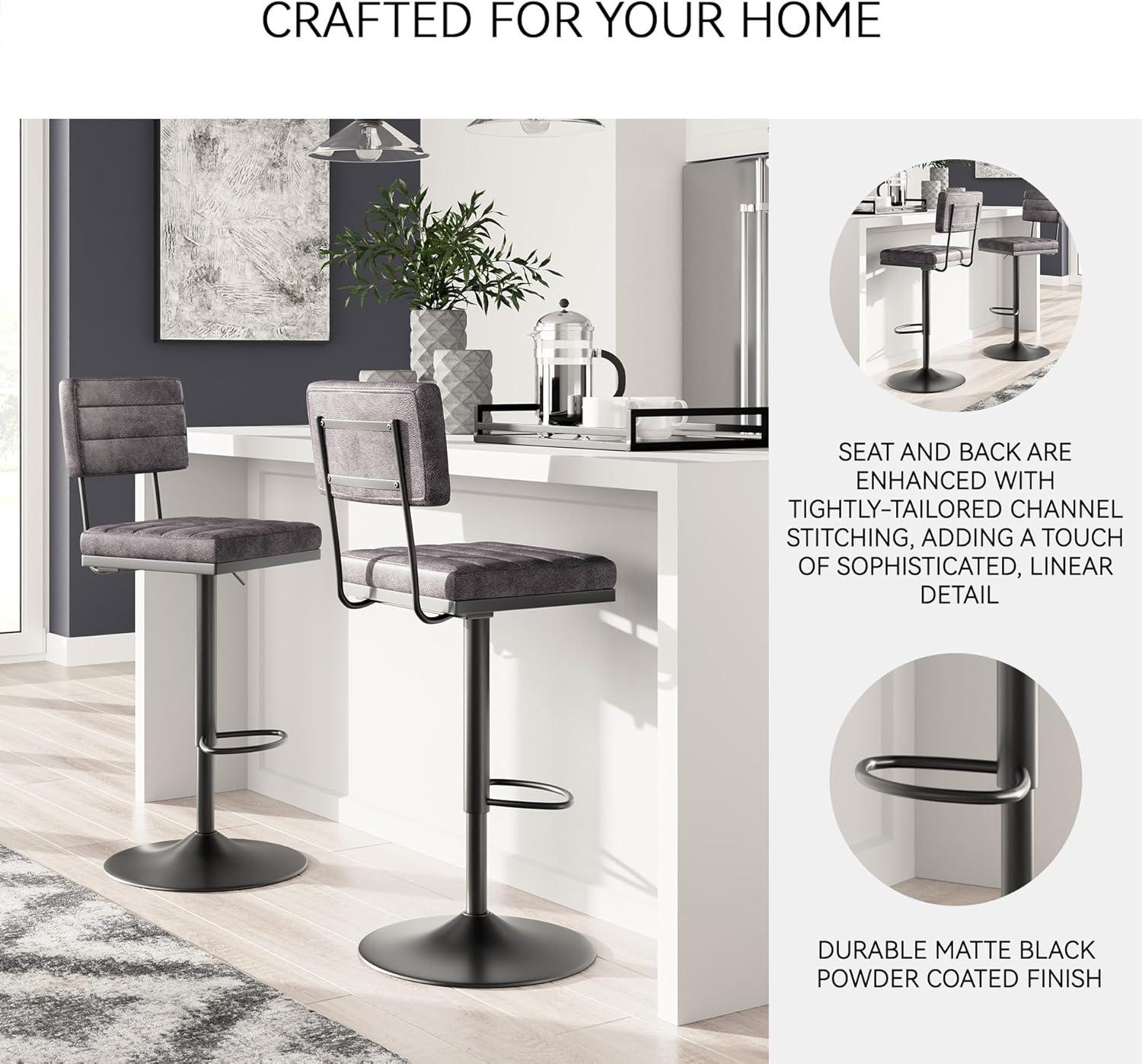 Gray Faux Leather Adjustable Swivel Bar Stools with Black Metal Base, Set of 2