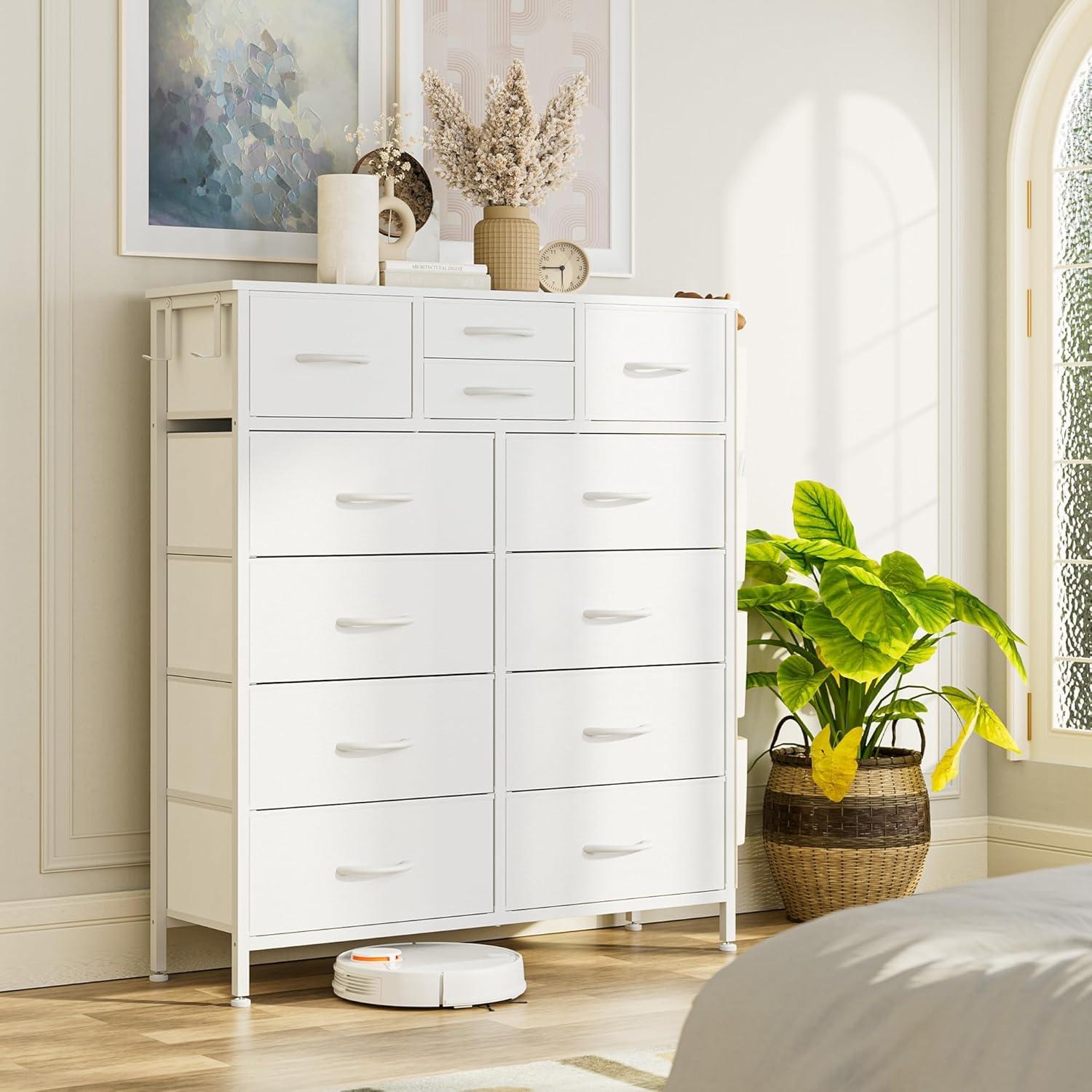 GIKPAL 12 Drawer Dresser, White Dresser Chest of Drawers Dressers for Bedroom PU&Fabric Dresser with Side Pockets and Hooks, White