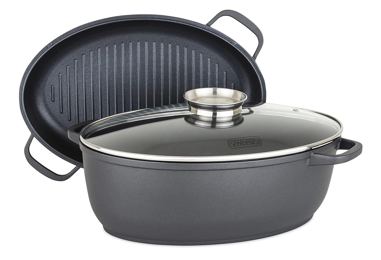 Viking Culinary 3-in-1 8.6 Qt Die Cast Oval Roaster with Glass Basting Lid,Gray,40041-1632C