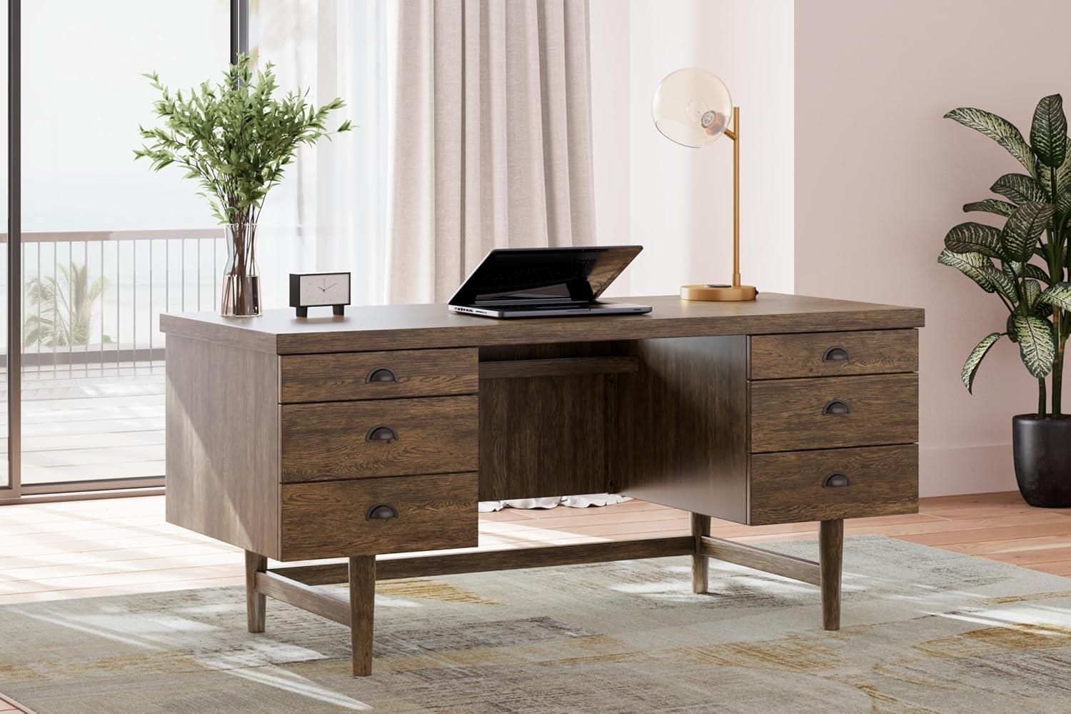 Warm Brown Oak Veneer Home Office Desk with Filing Cabinet