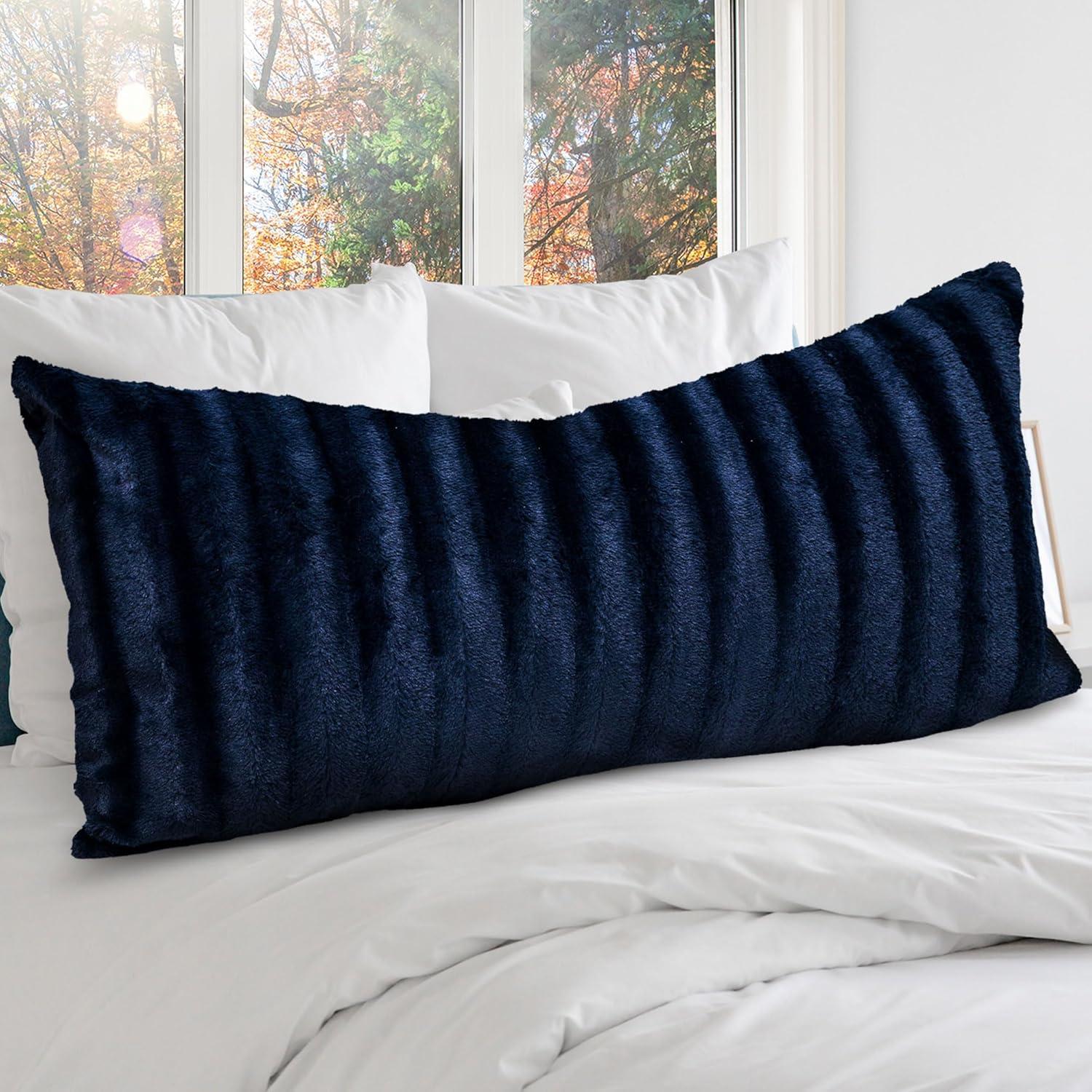 Blue Faux Fur Rectangular Body Pillow with Micro-Plush Side