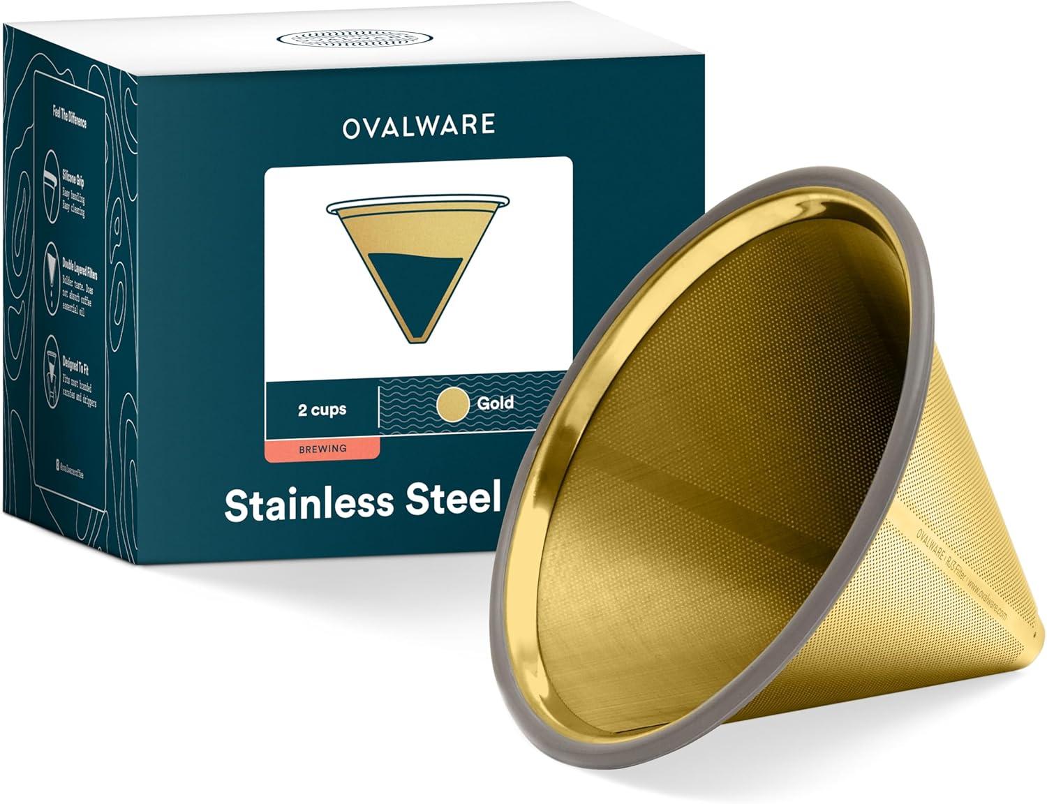 Paperless Stainless Steel Pour Over Coffee Filter – Reusable and Permanent Coffee Cone Dripper for Ovalware, Chemex, Hario and Other Carafes (Titanium Gold)