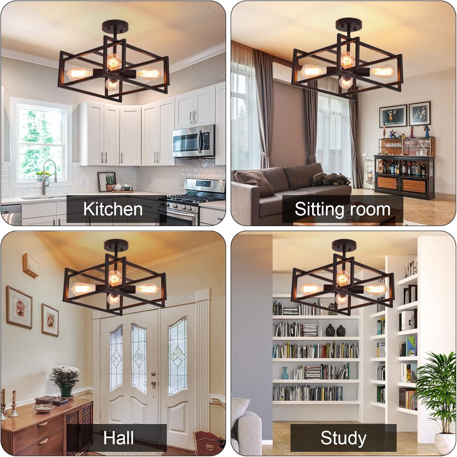 Black Metal 4-Light Farmhouse Square Chandelier