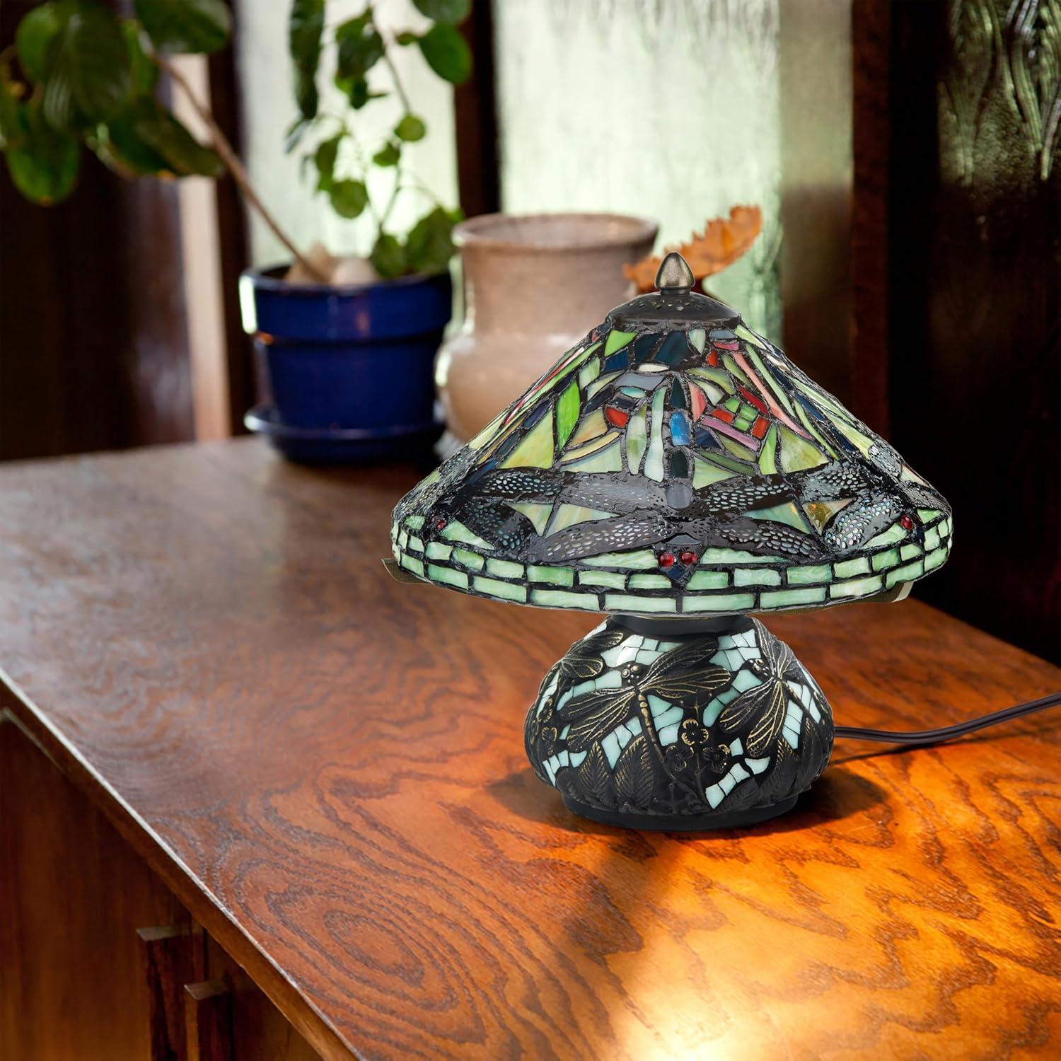 10" H Stained Glass Mini Dragonfly Table Lamp w/ Mosaic Base