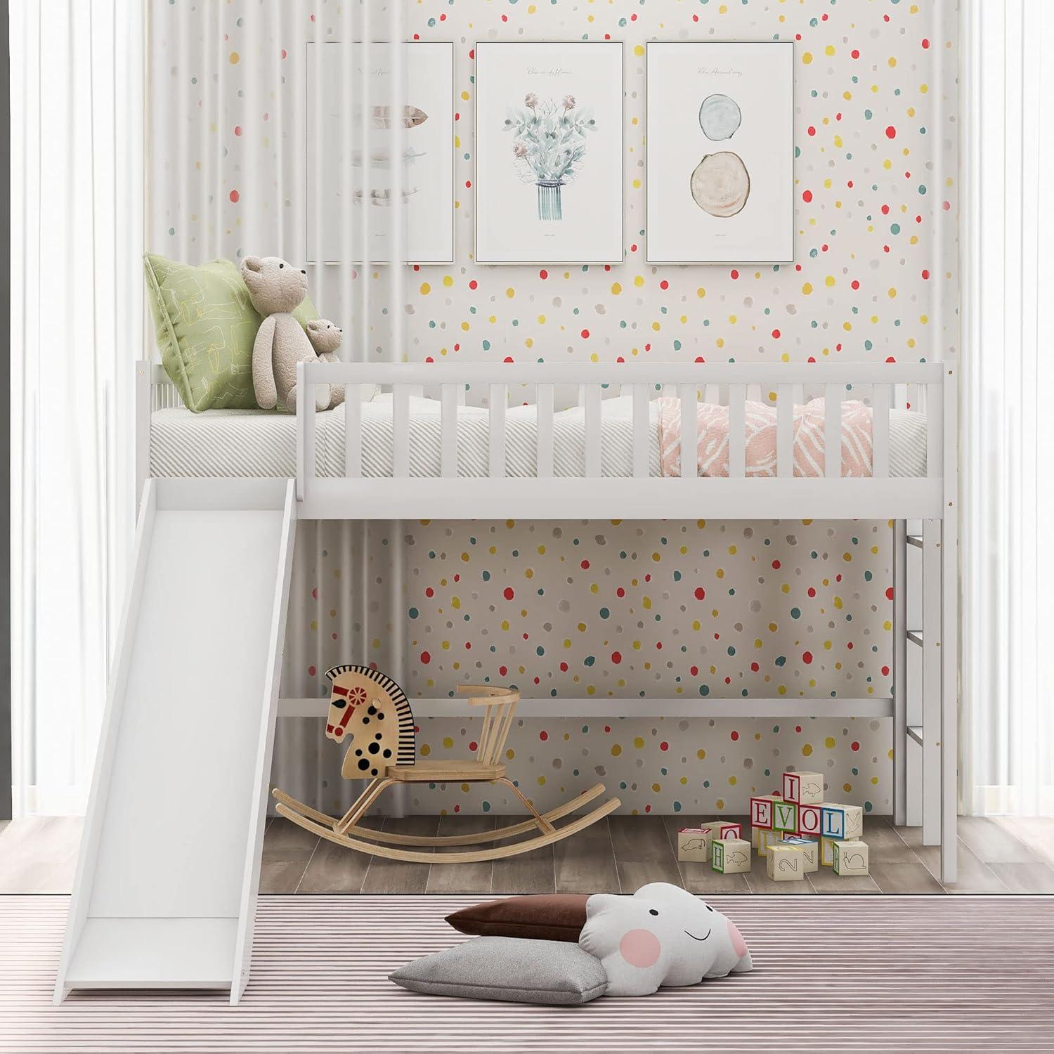 Twin Loft Bed with Slide,Wood Loft Bed Low Profile for Boys Girls, Built-in Ladder and Guard Rail,No Box Spring Needed
