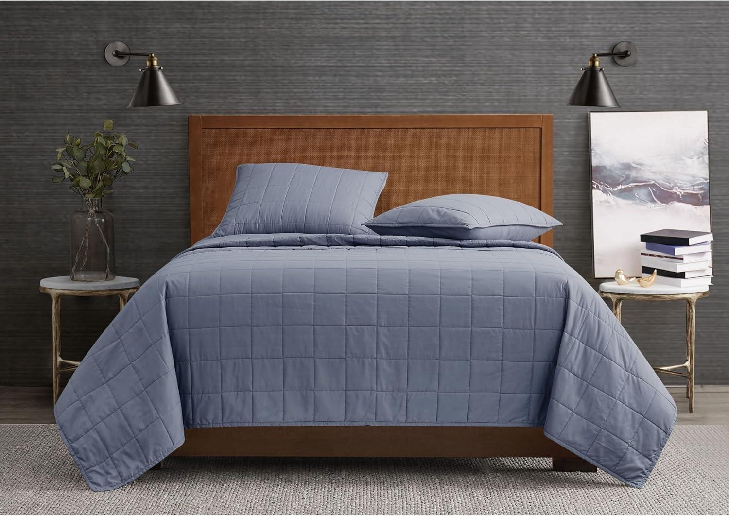 2pc Twin/Twin Extra Long Garment Wash Solid Quilt Set Blue - London Fog: Microfiber Bedding with OEKO-TEX Certified