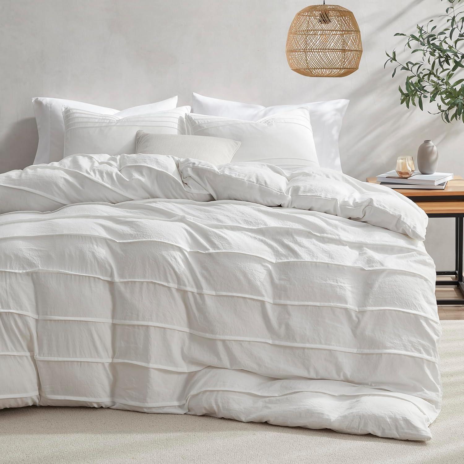 Oli Anderson White Duvet Cover Twin Size - Pleated Twin Duvet Cover, 2PCS Soft and Breathable Textured Bedding Set with Zipper Closure(White,68"x90")
