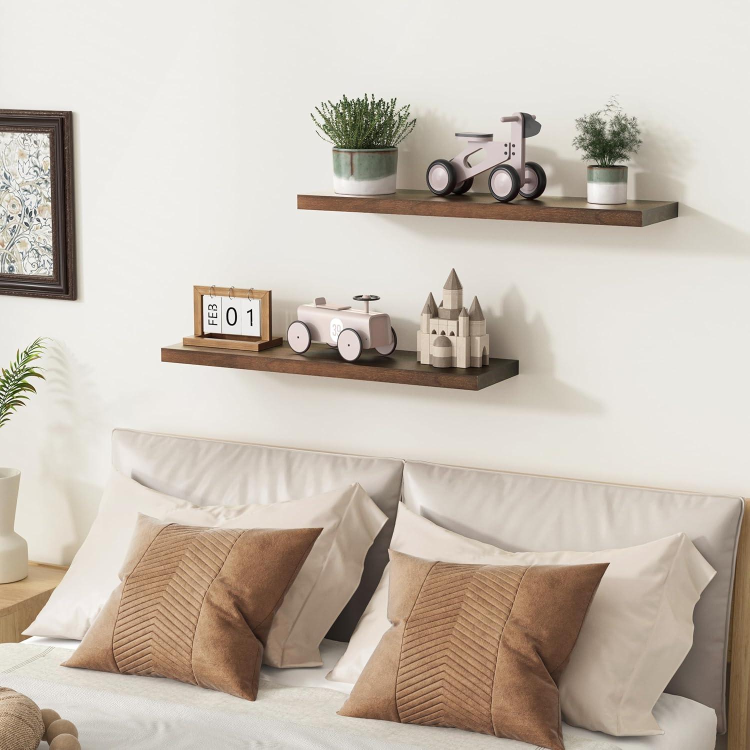 24 Inch Floating Shelves Set of 2, Rustic Solid Wood Wall Mounted Shelves for Decor & Storage, Dark Walnut Shelves for Bedroom Kitchen Living Room - Dark Walnut