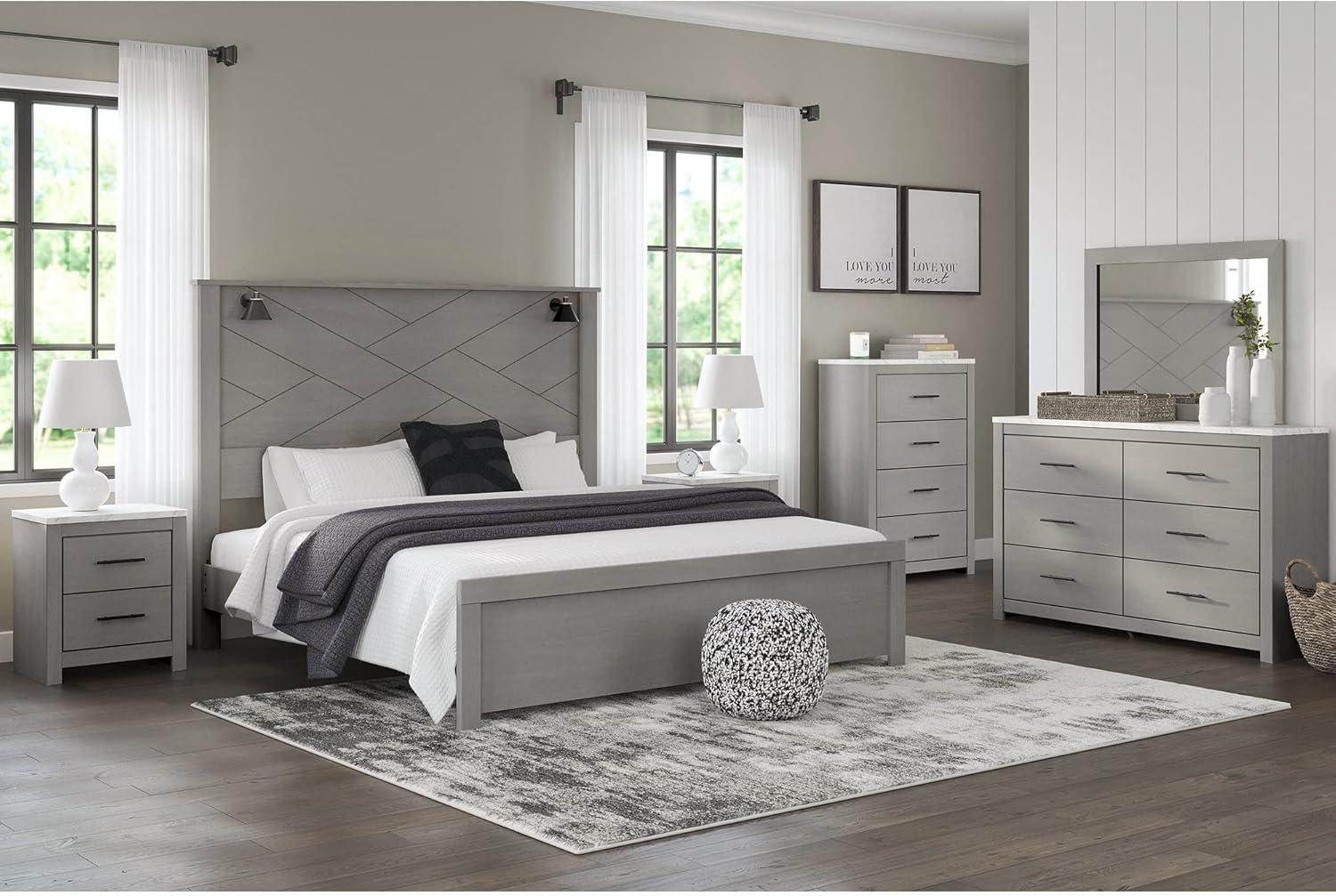 Gray Six-Drawer Dresser with Faux Marble Top