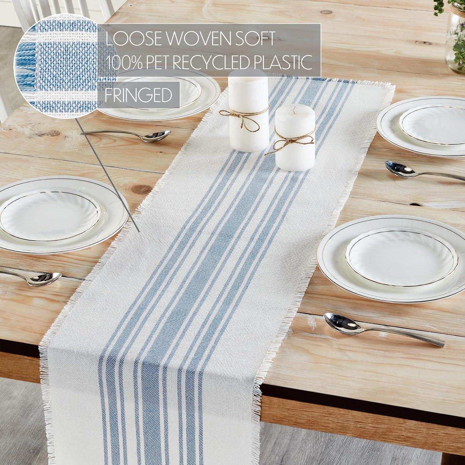 Antique White and Dusty Blue Striped Polyester Table Runner 12x48