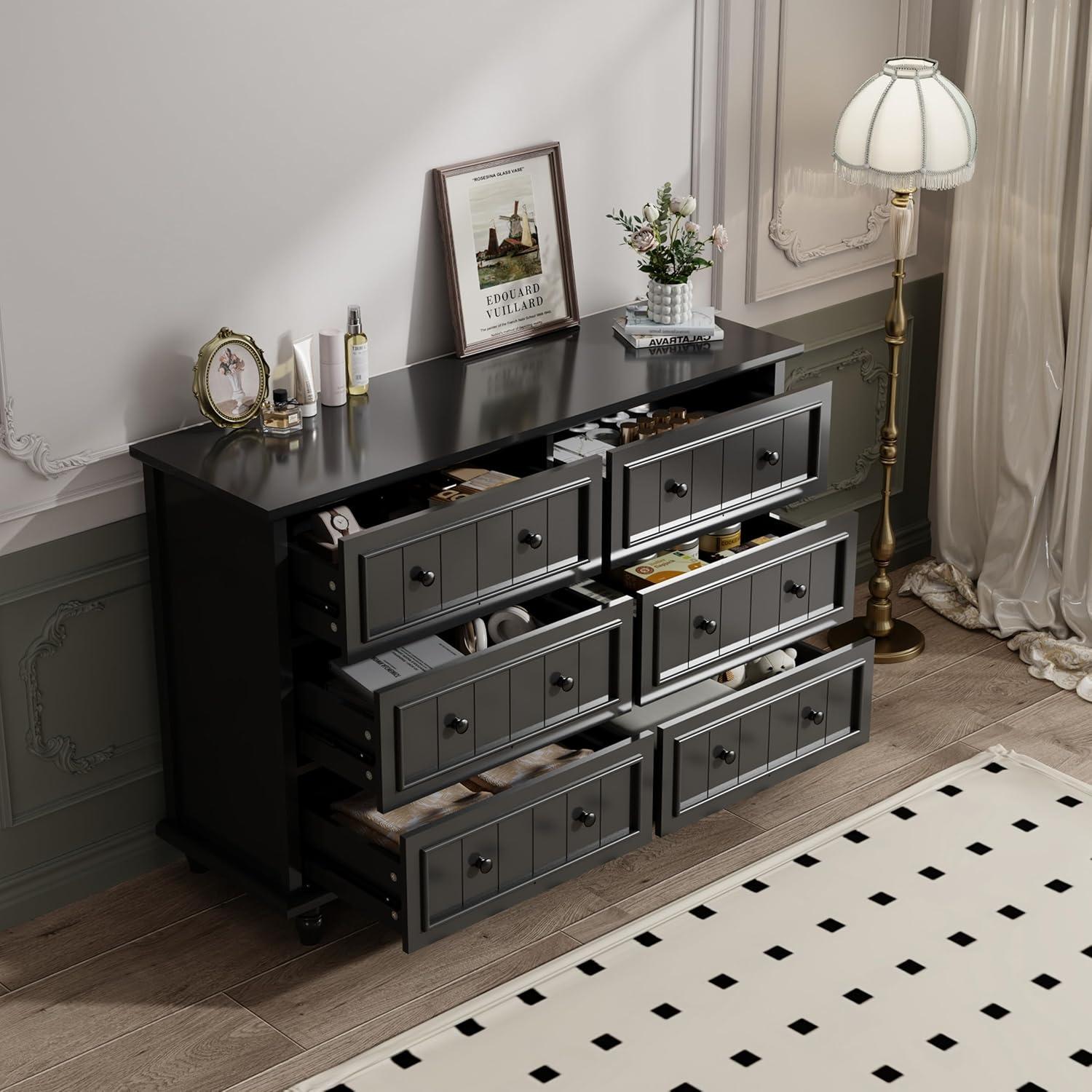 Scurrty 6 Drawer Dresser, Antique Chest of Drawers, Large Cabinet with Storage, Big Dresser for Clothes in Living Room, Bedroom (Black)