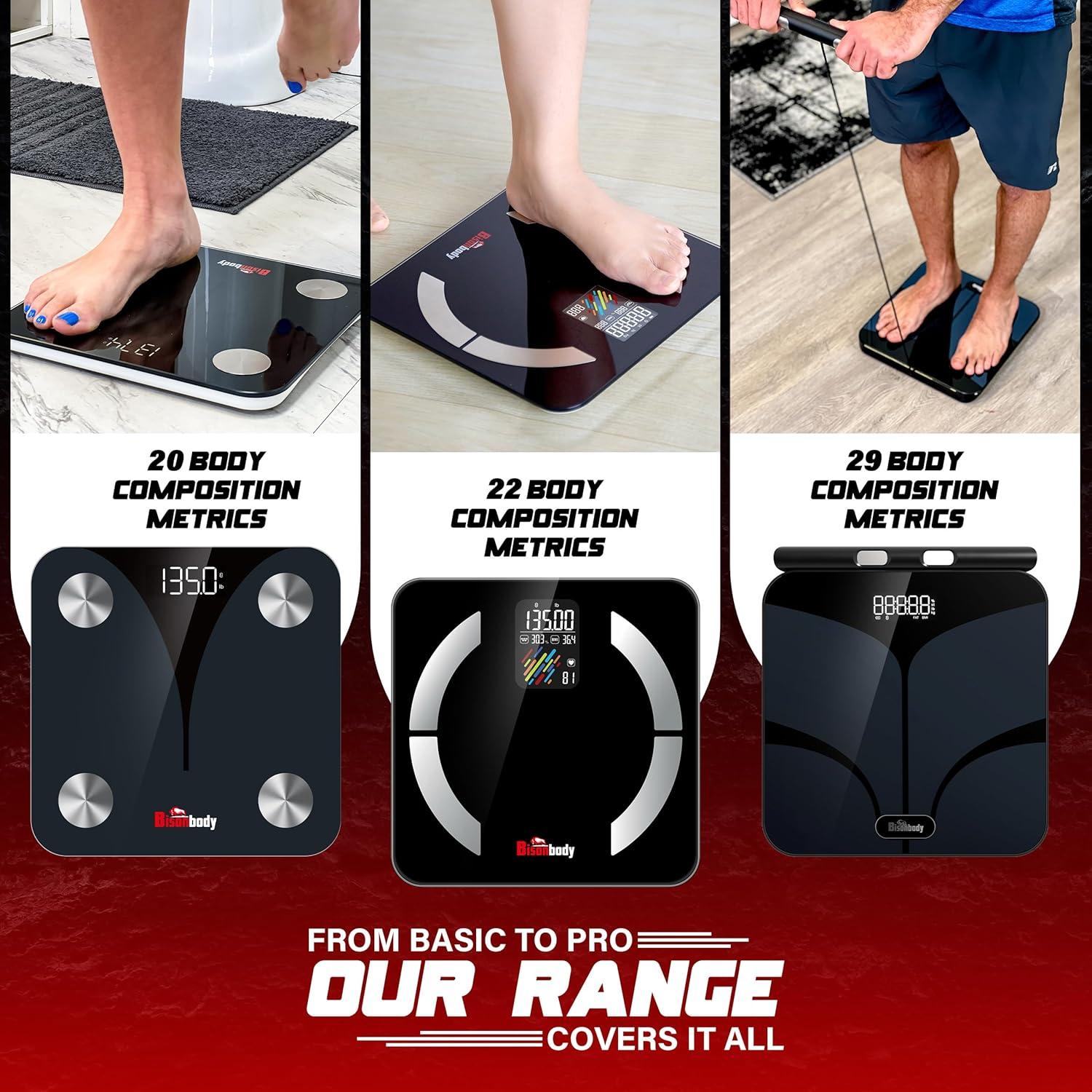 Bisonbody Smart Digital Body Scale – 29 Health Metrics – for Advanced Fitness Enthusiasts – Durable Tempered Glass – 8 High Sensitivity Electrodes Sensors – Smartphone App Connection