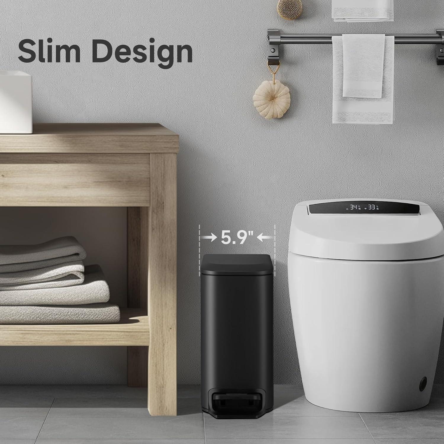 Slim Matte Black Stainless Steel Soft Close Trash Can