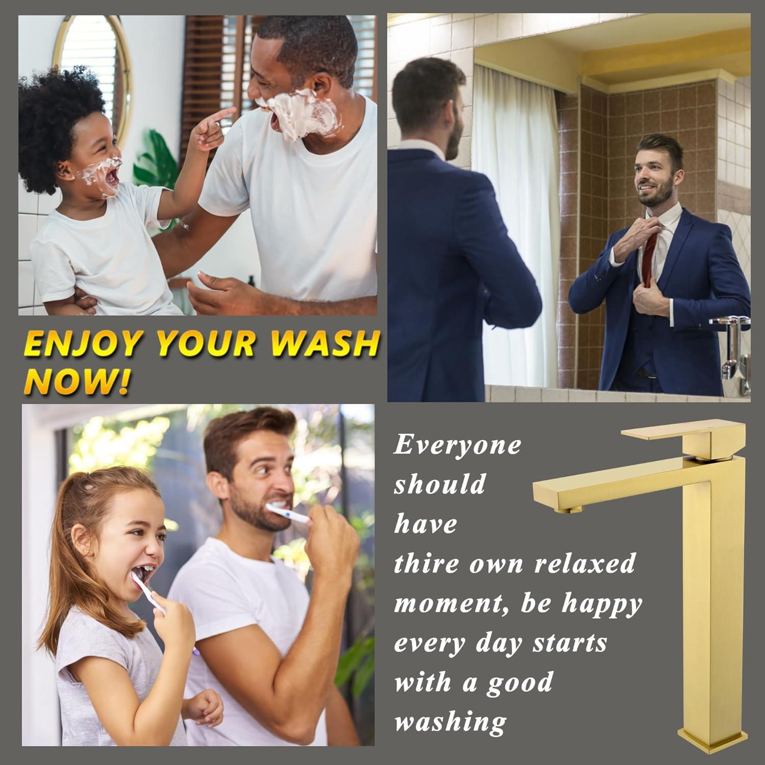 Gold Vessel Sink Faucet, Brushed Gold Tall Single Handle Bathroom Vessel Sink Faucet 1 Hole, Modern Stainless Steel Restroom Vanity Faucet with Metal Pop Up Drain and Water Supply Hose